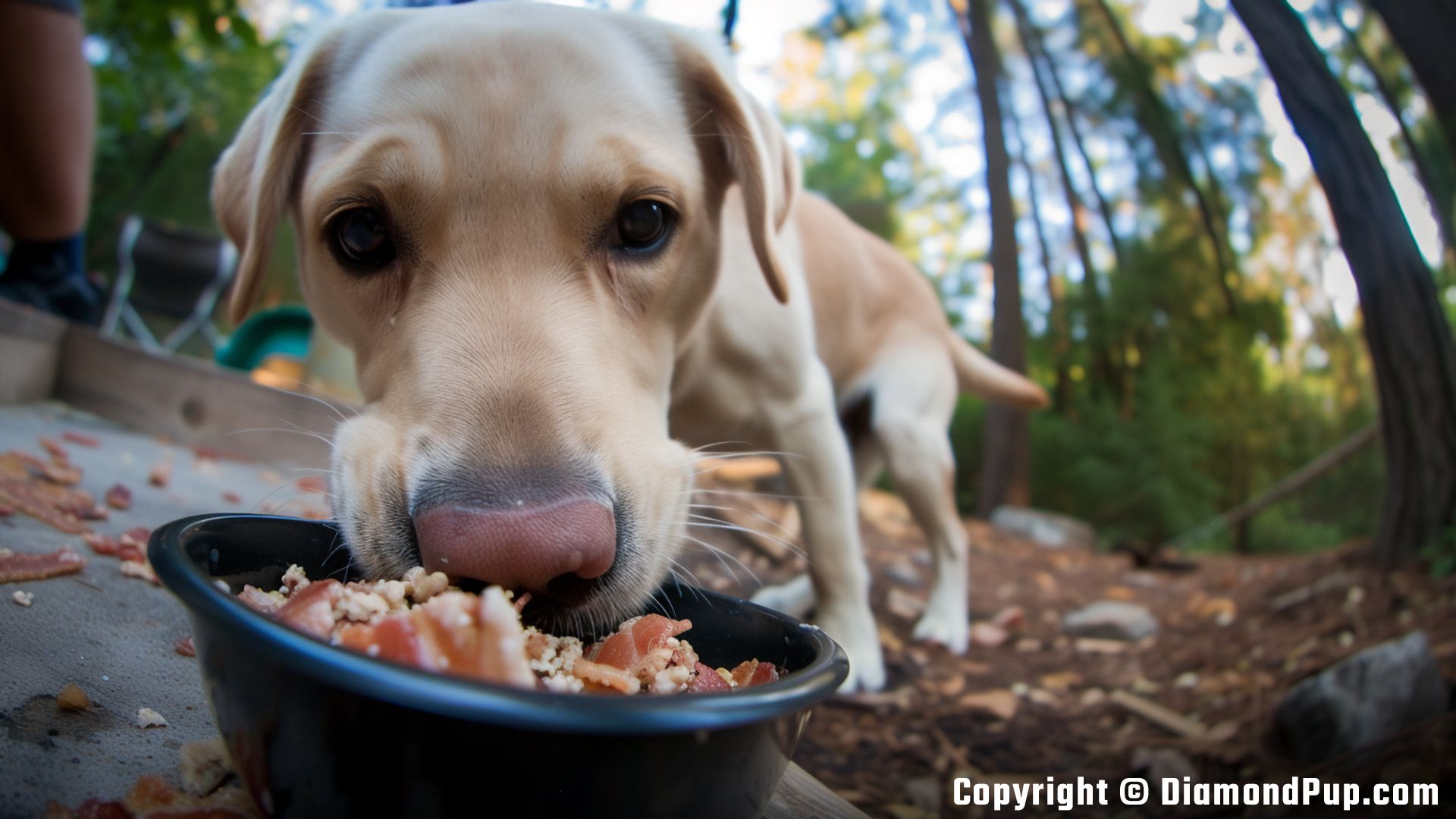 Picture of a Playful Labrador Eating Bacon