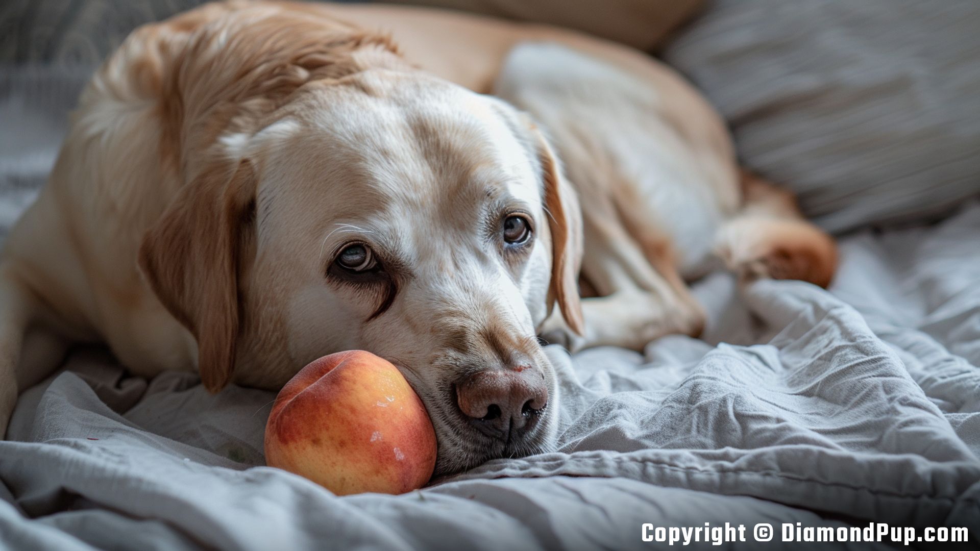Picture of a Playful Labrador Eating Peaches