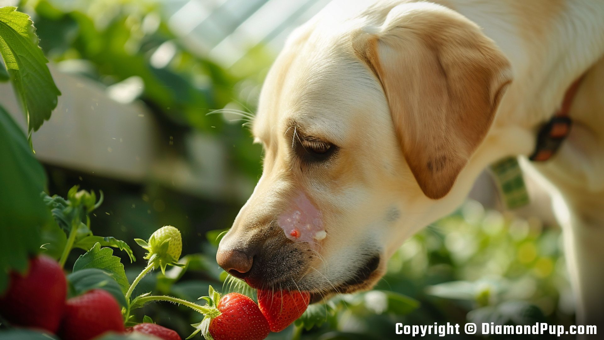 Picture of a Playful Labrador Snacking on Strawberries