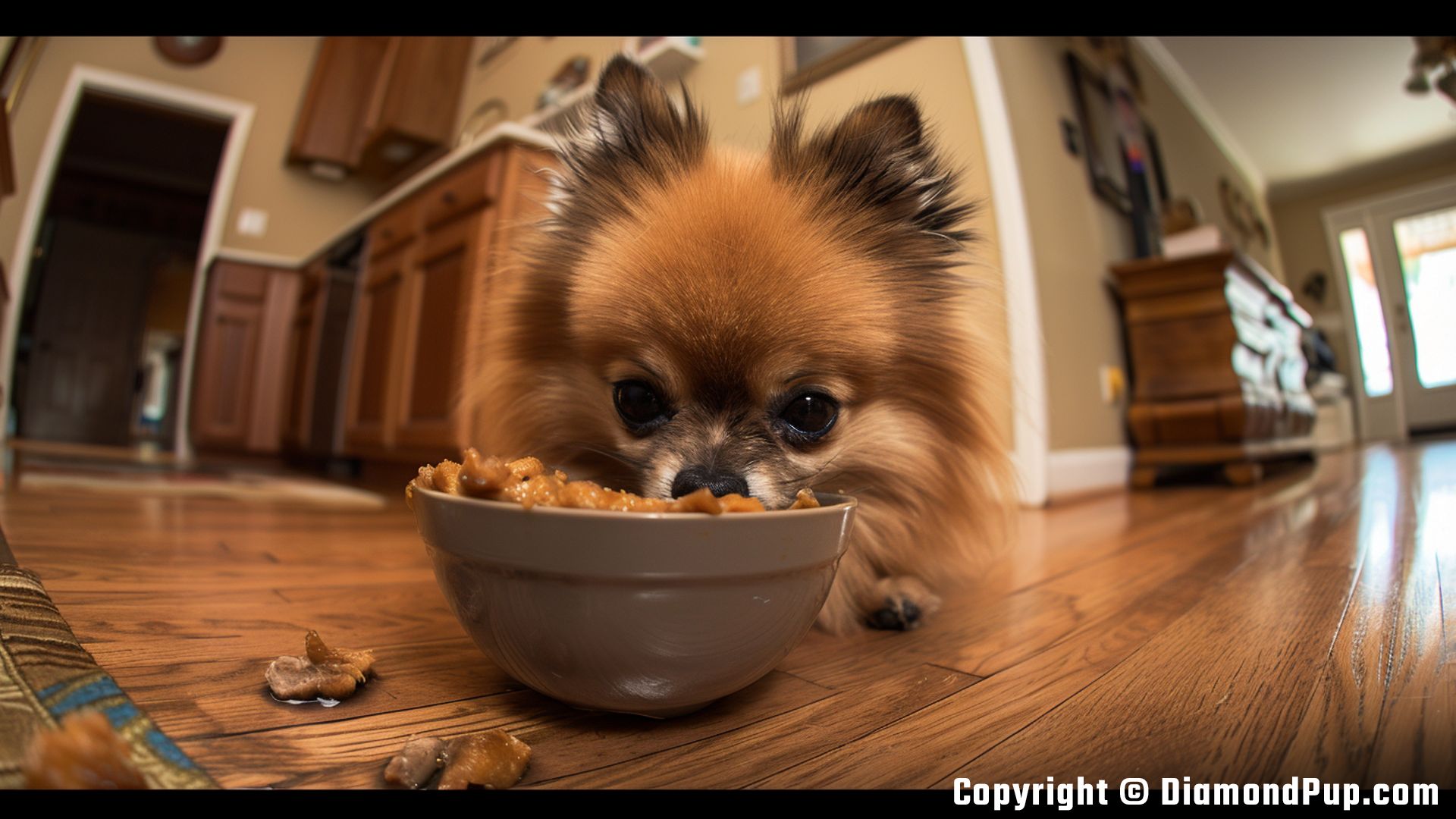 Picture of a Playful Pomeranian Eating Chicken