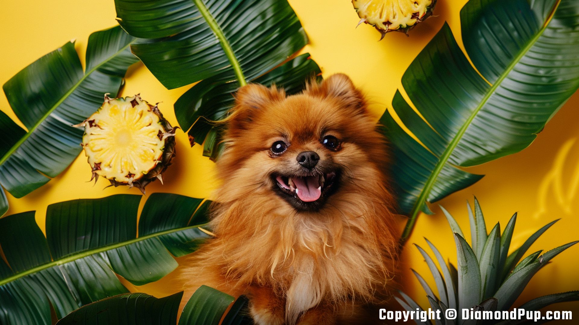 Picture of a Playful Pomeranian Eating Pineapple