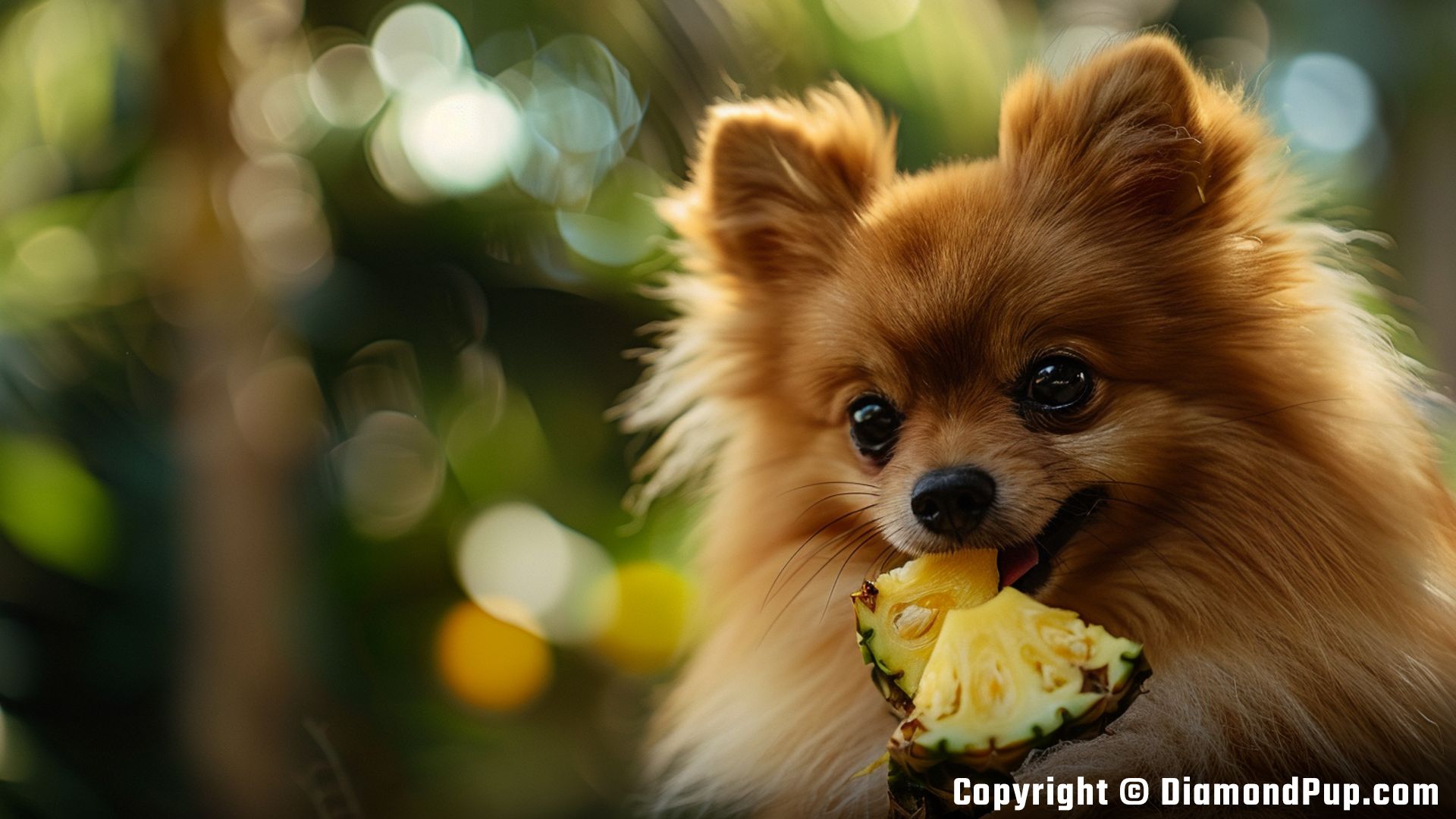 Picture of a Playful Pomeranian Snacking on Pineapple