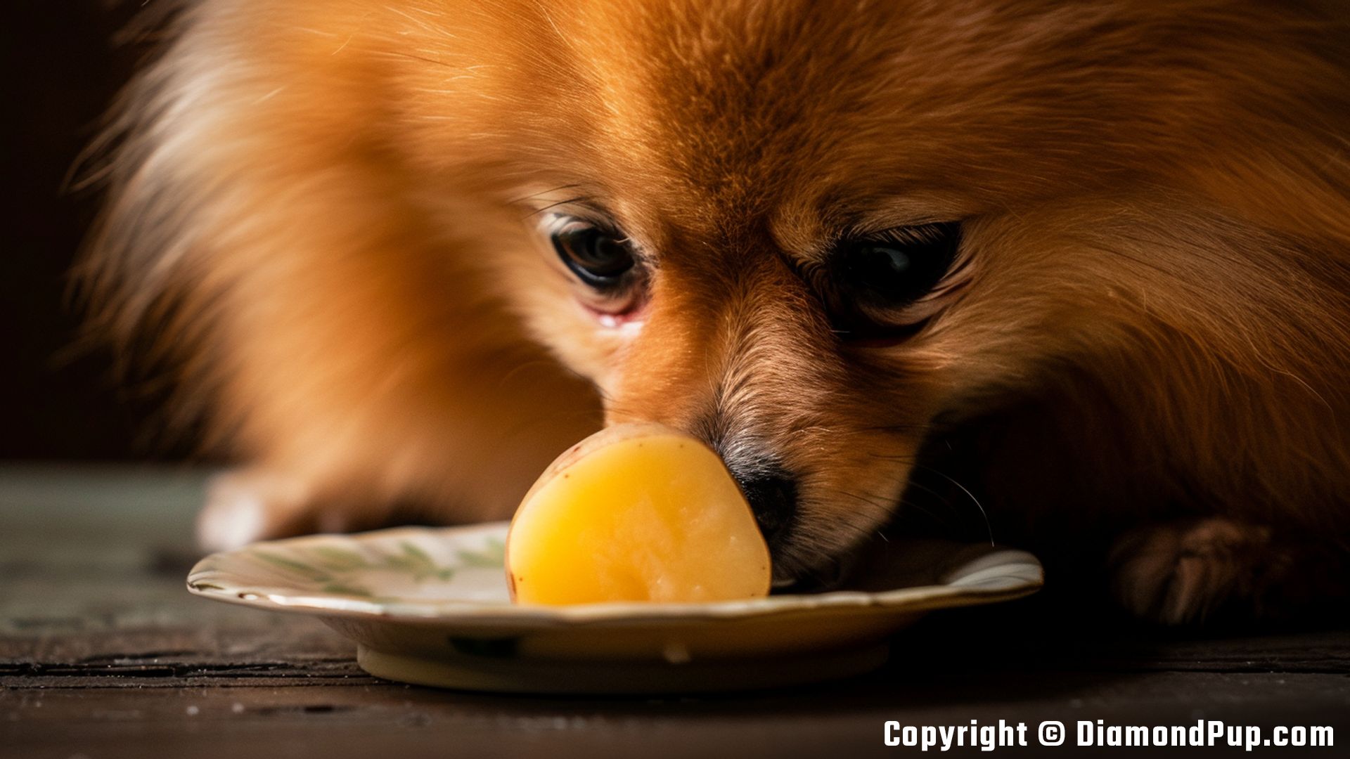 Picture of a Playful Pomeranian Snacking on Potato
