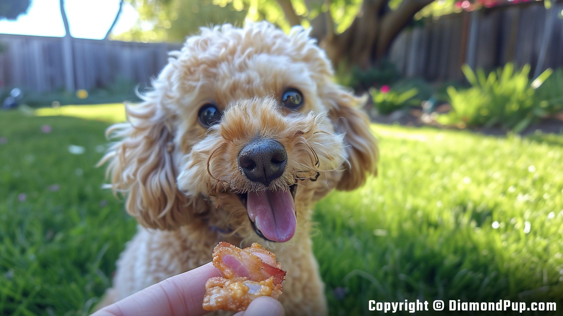 Picture of a Playful Poodle Eating Bacon