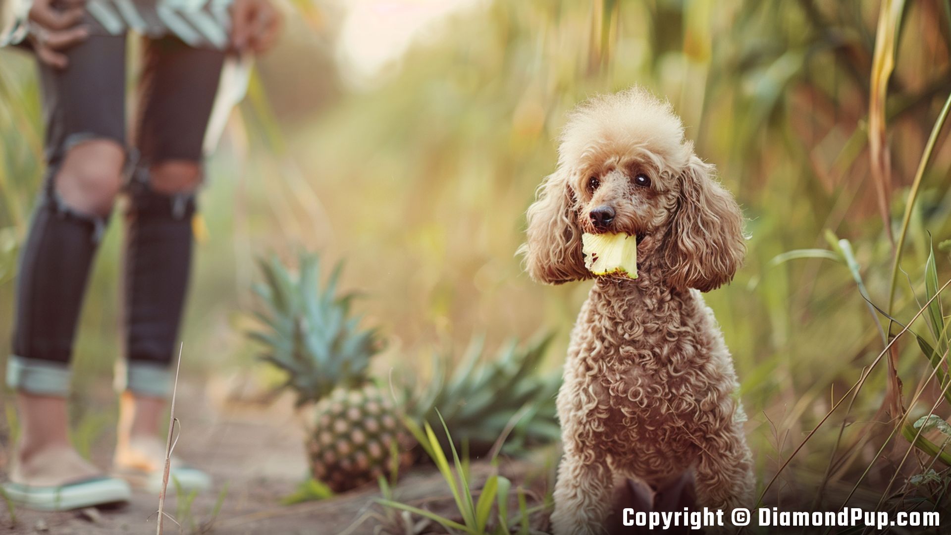 Picture of a Playful Poodle Snacking on Pineapple