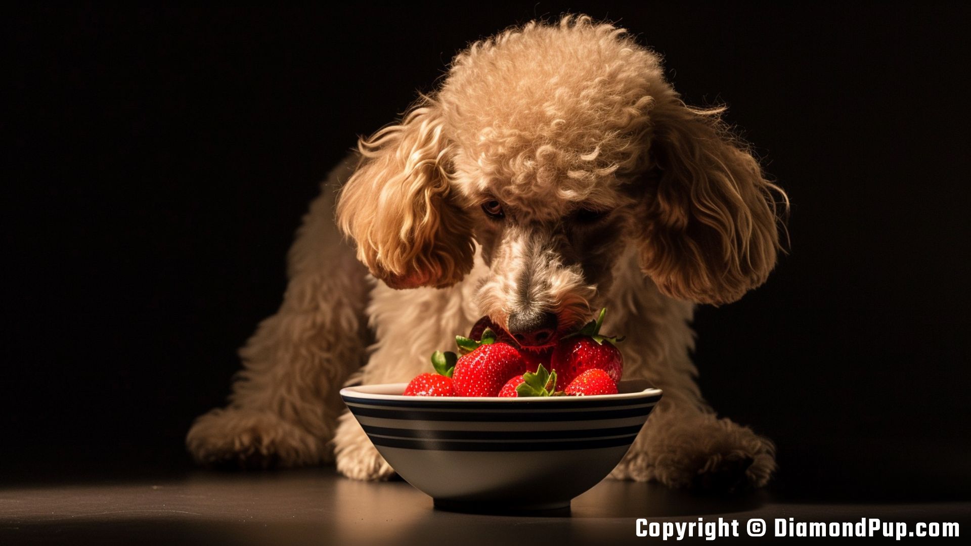 Picture of a Playful Poodle Snacking on Strawberries