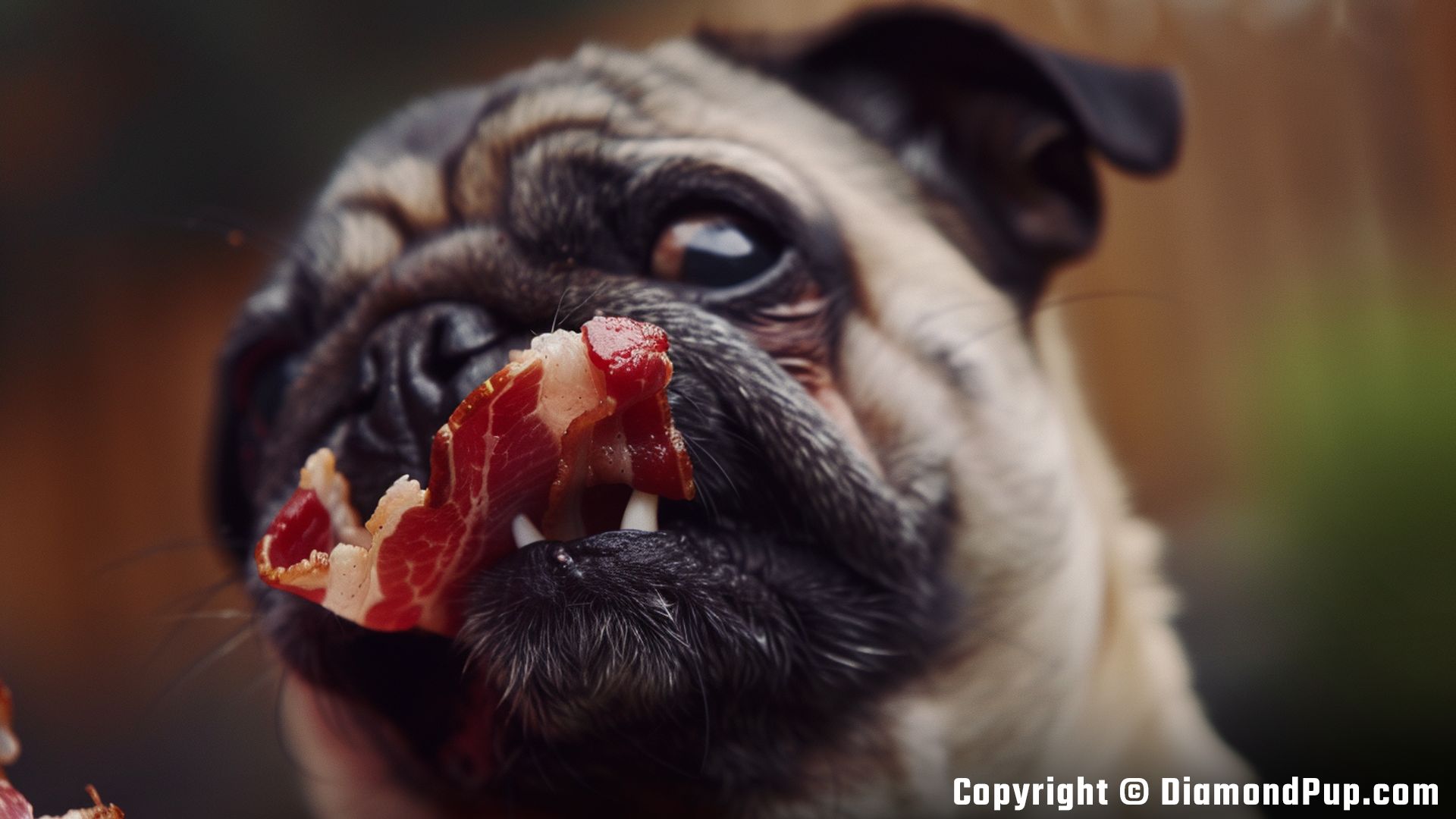 Picture of a Playful Pug Eating Bacon