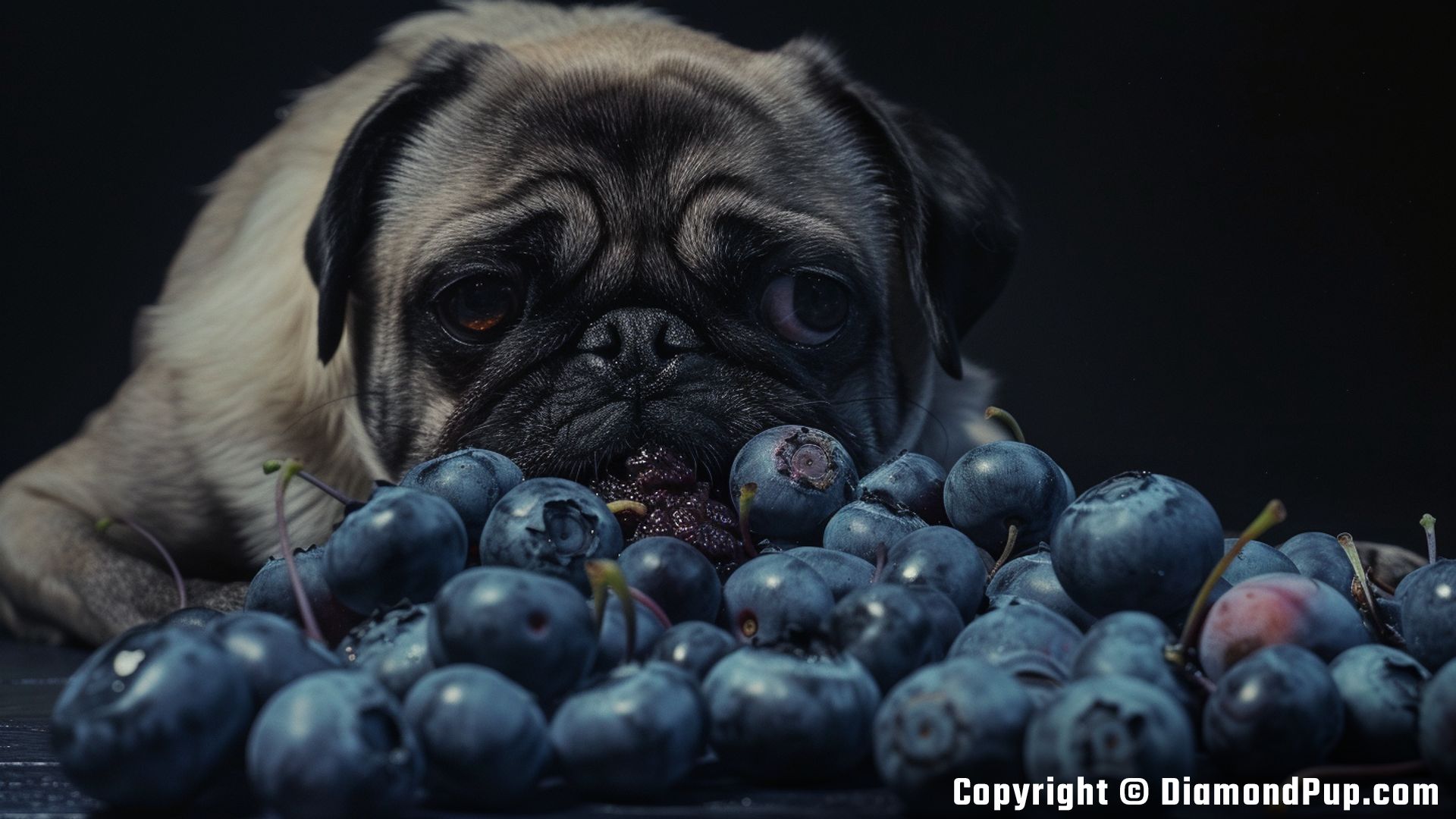 Picture of a Playful Pug Eating Blueberries