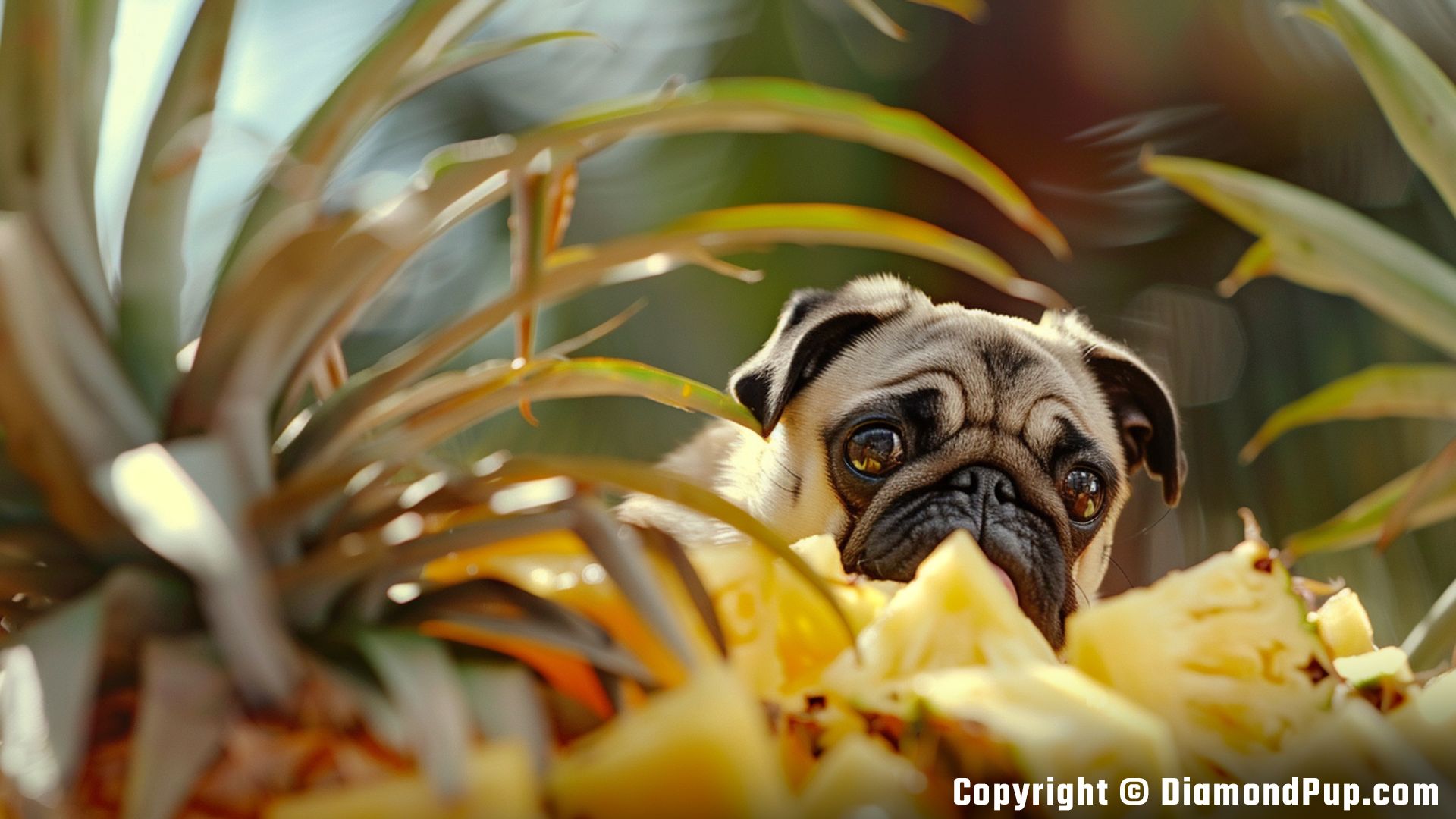Picture of a Playful Pug Eating Pineapple
