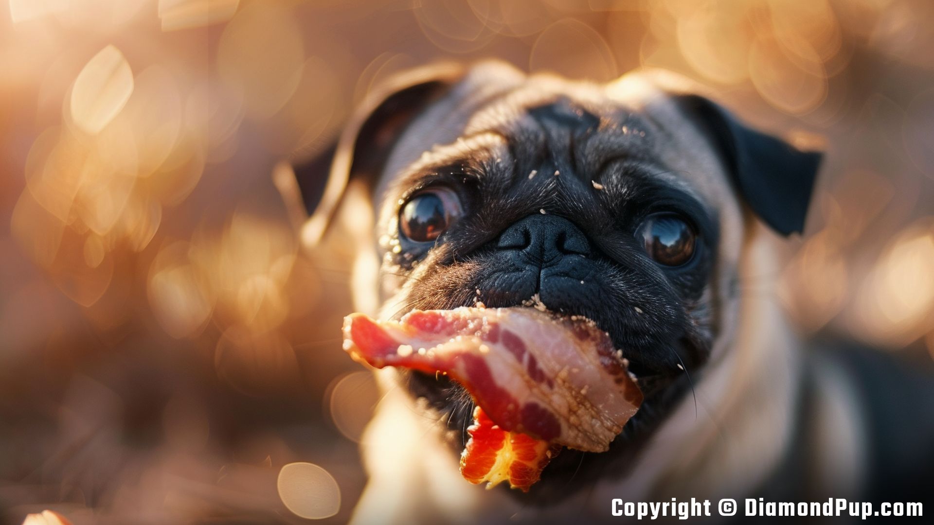 Picture of a Playful Pug Snacking on Bacon