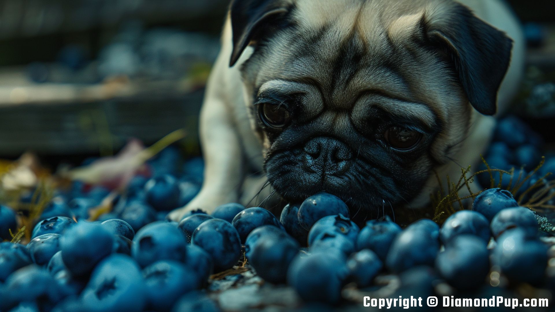 Picture of a Playful Pug Snacking on Blueberries