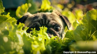 Picture of a Playful Pug Snacking on Lettuce