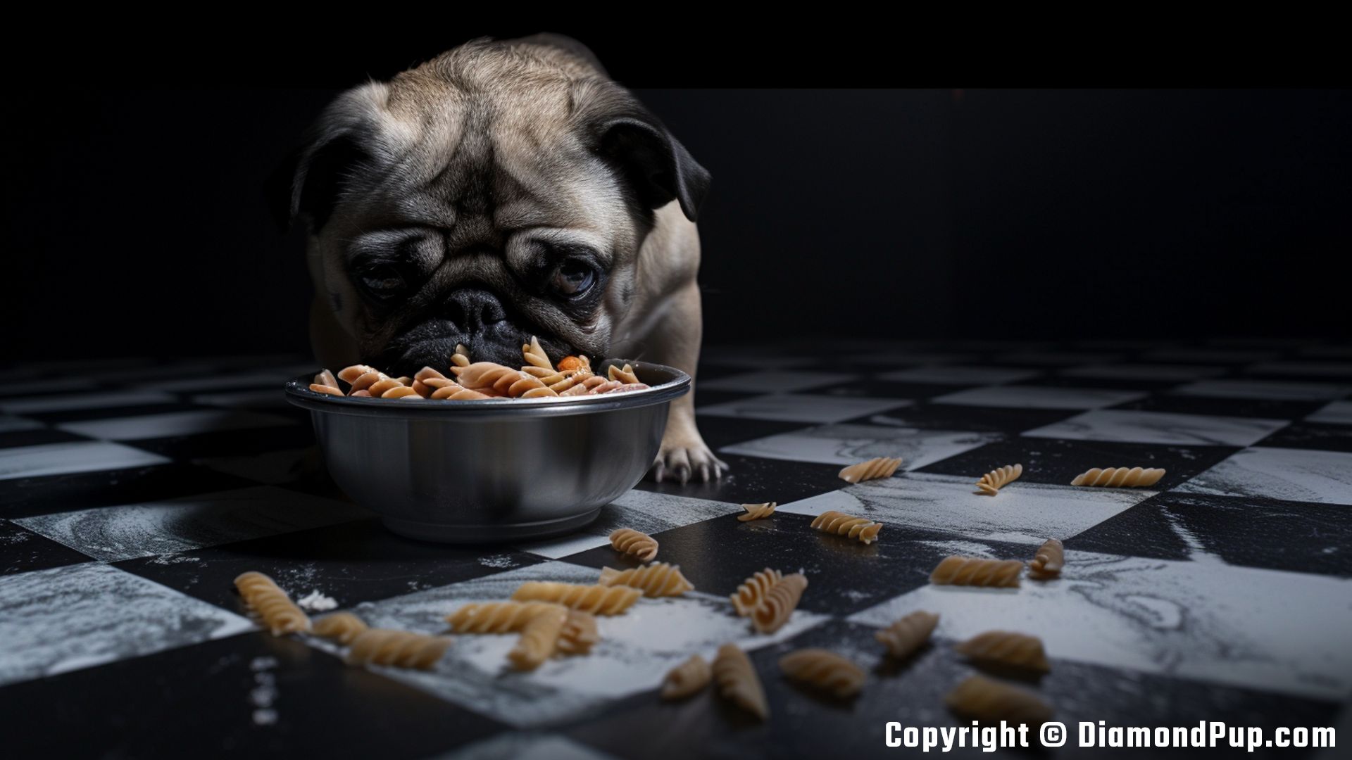 Picture of a Playful Pug Snacking on Pasta
