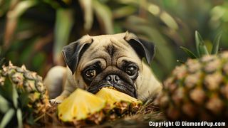Picture of a Playful Pug Snacking on Pineapple