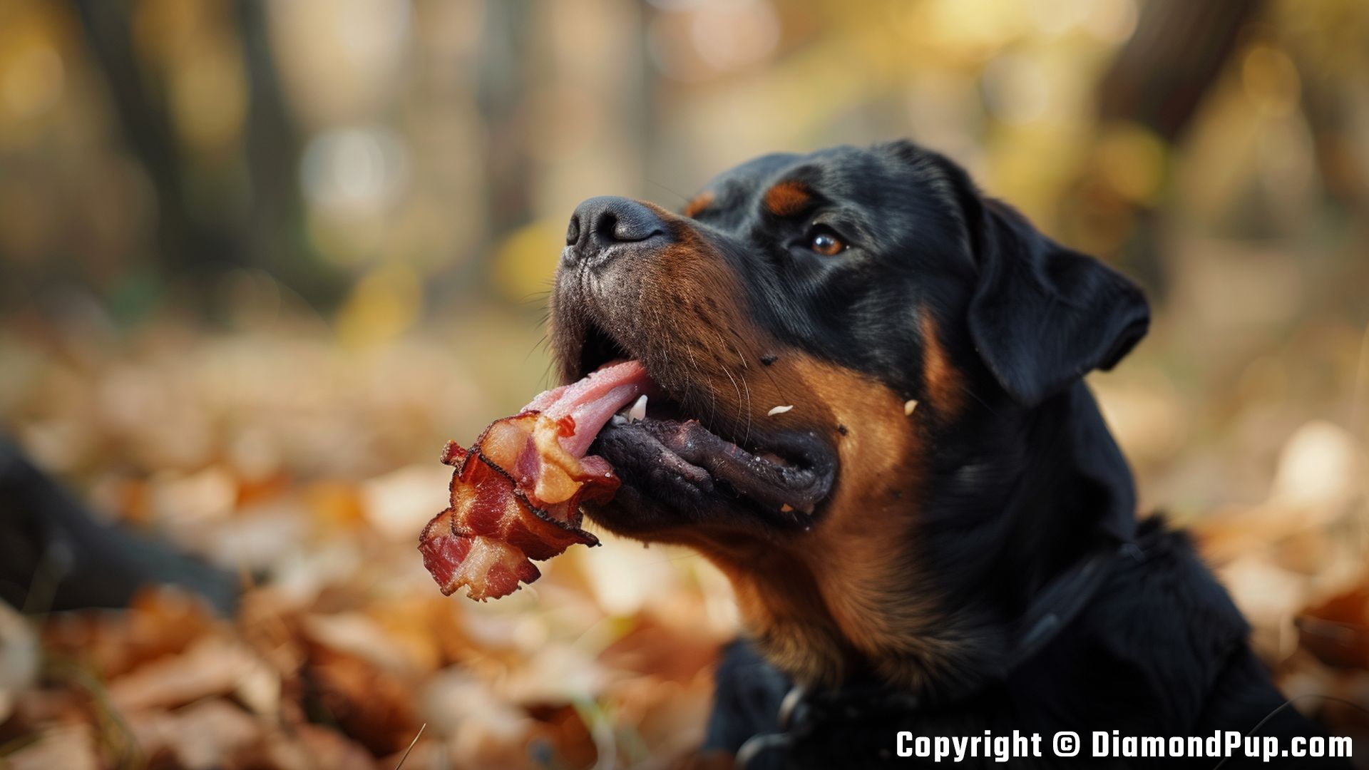 Picture of a Playful Rottweiler Snacking on Bacon