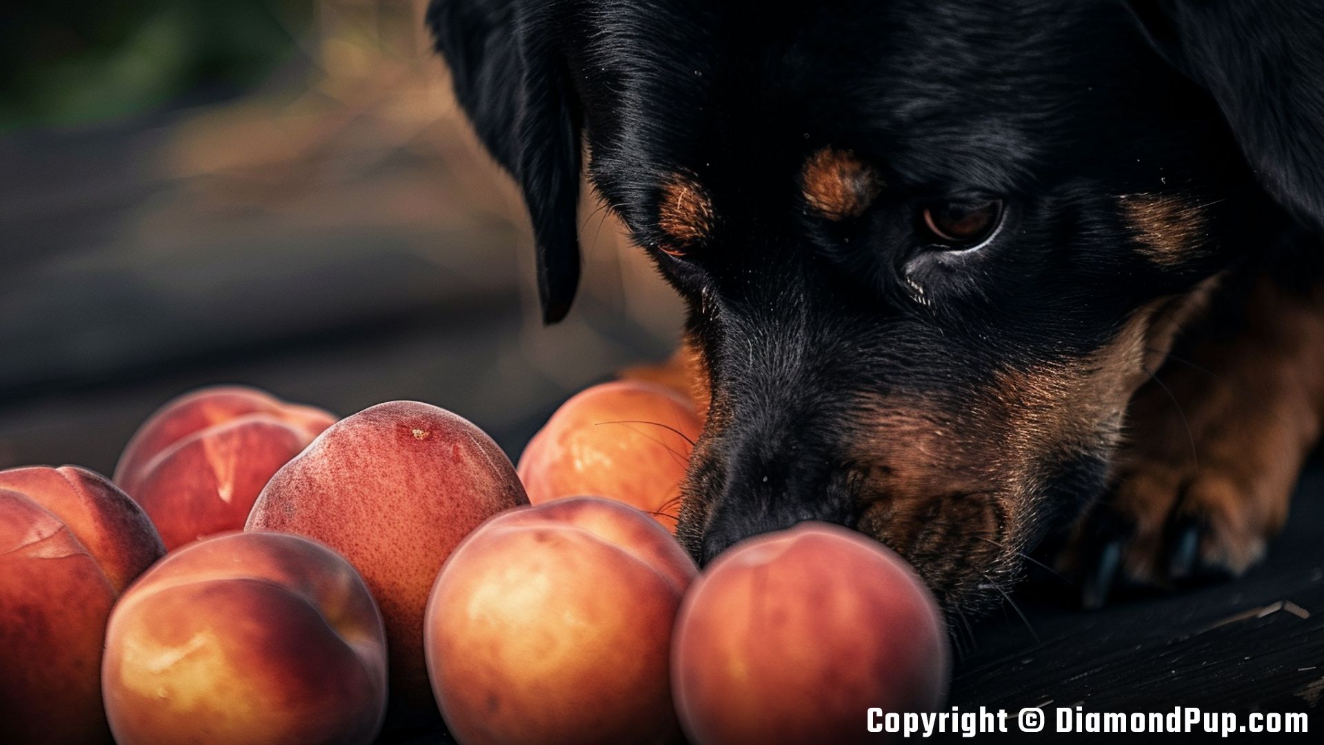 Picture of a Playful Rottweiler Snacking on Peaches