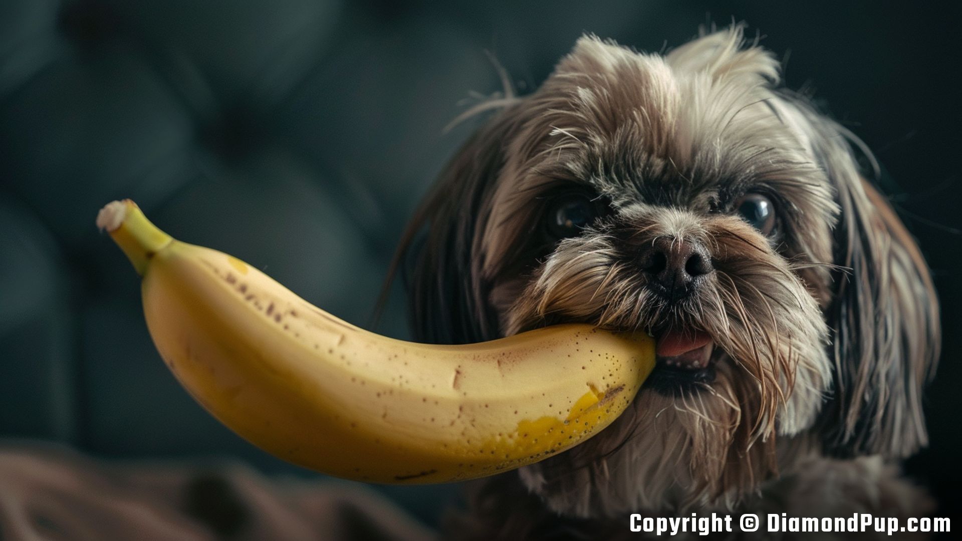 Picture of a Playful Shih Tzu Eating Banana