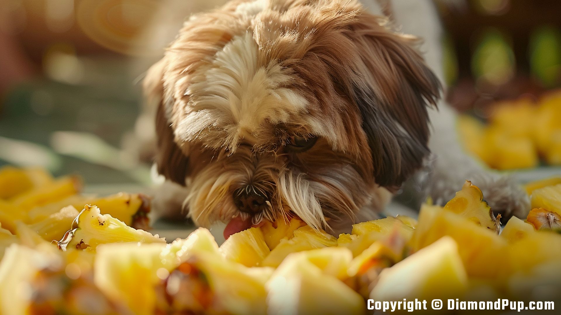 Picture of a Playful Shih Tzu Eating Pineapple