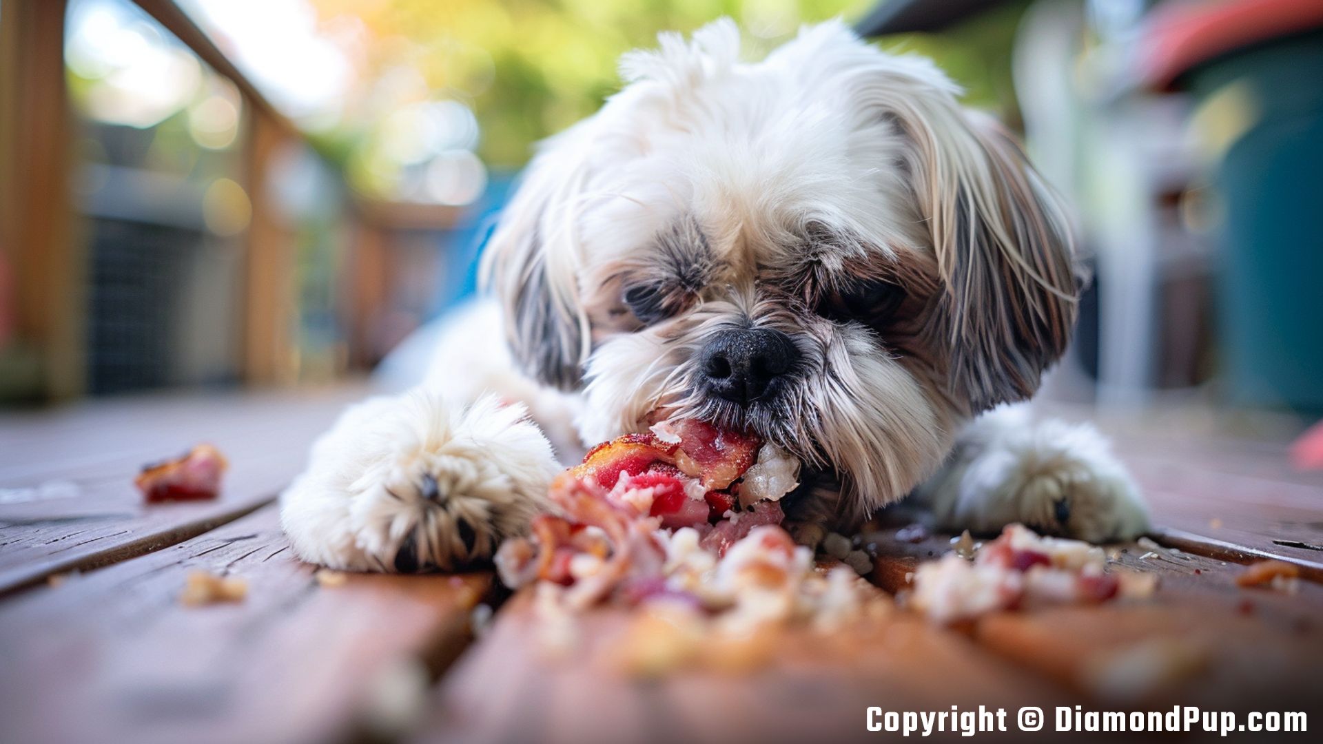 Picture of a Playful Shih Tzu Snacking on Bacon