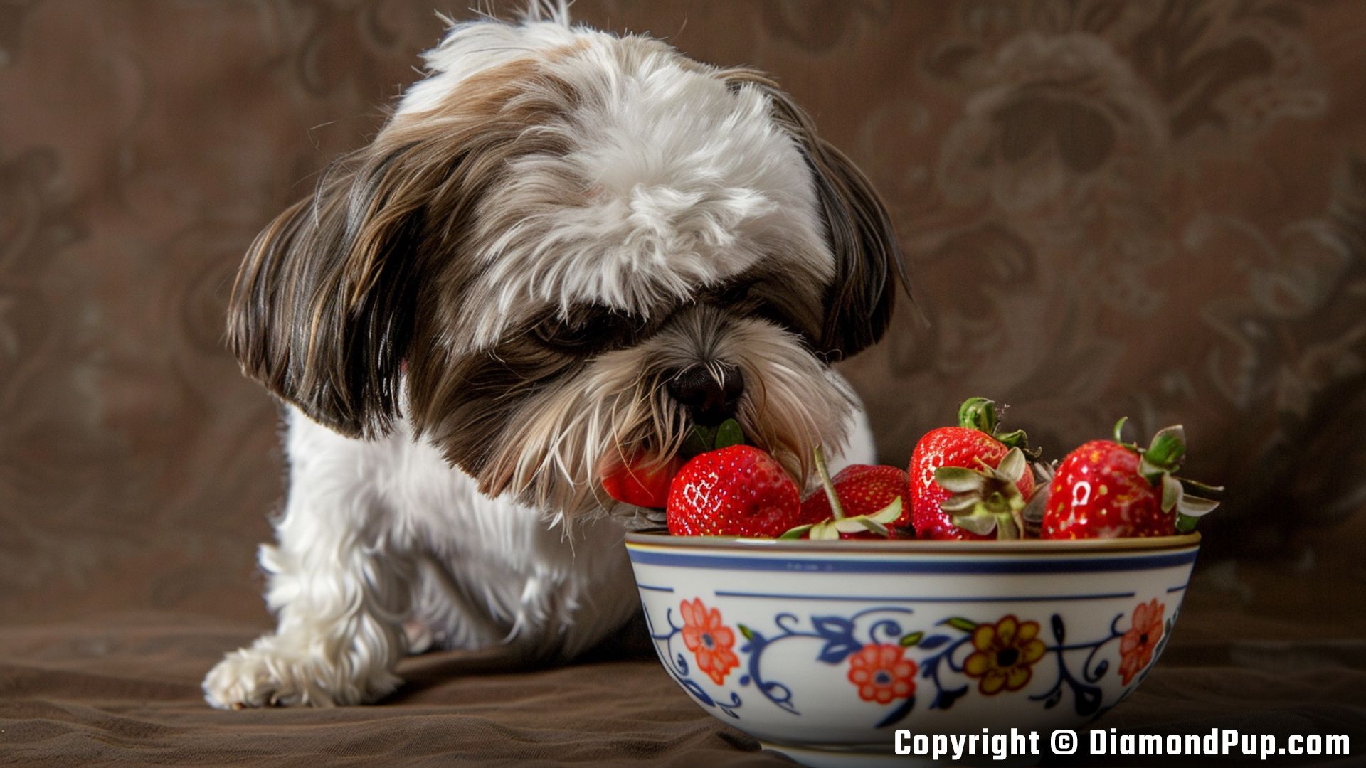 Picture of a Playful Shih Tzu Snacking on Strawberries
