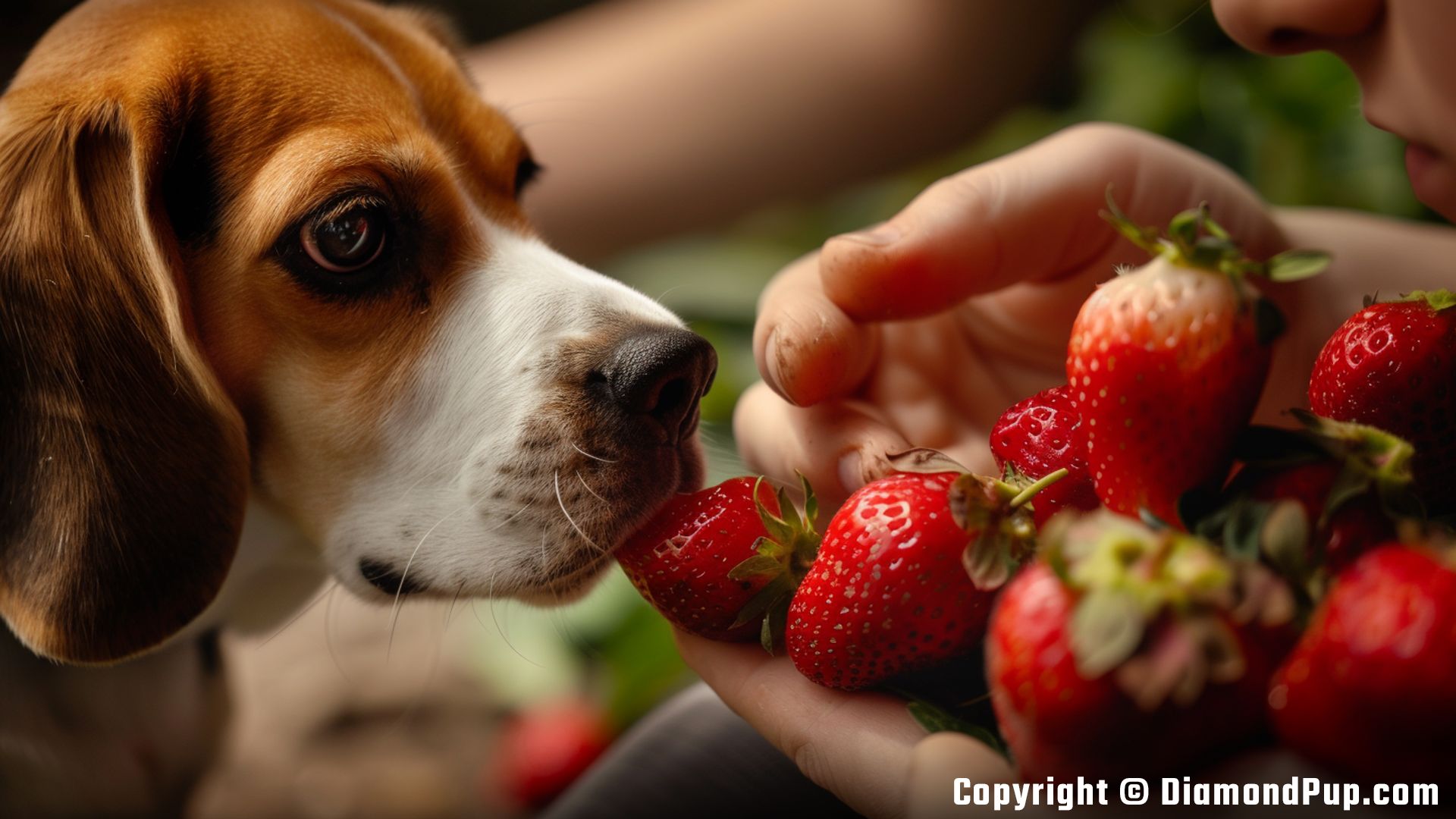 Picture of an Adorable Beagle Snacking on Strawberries