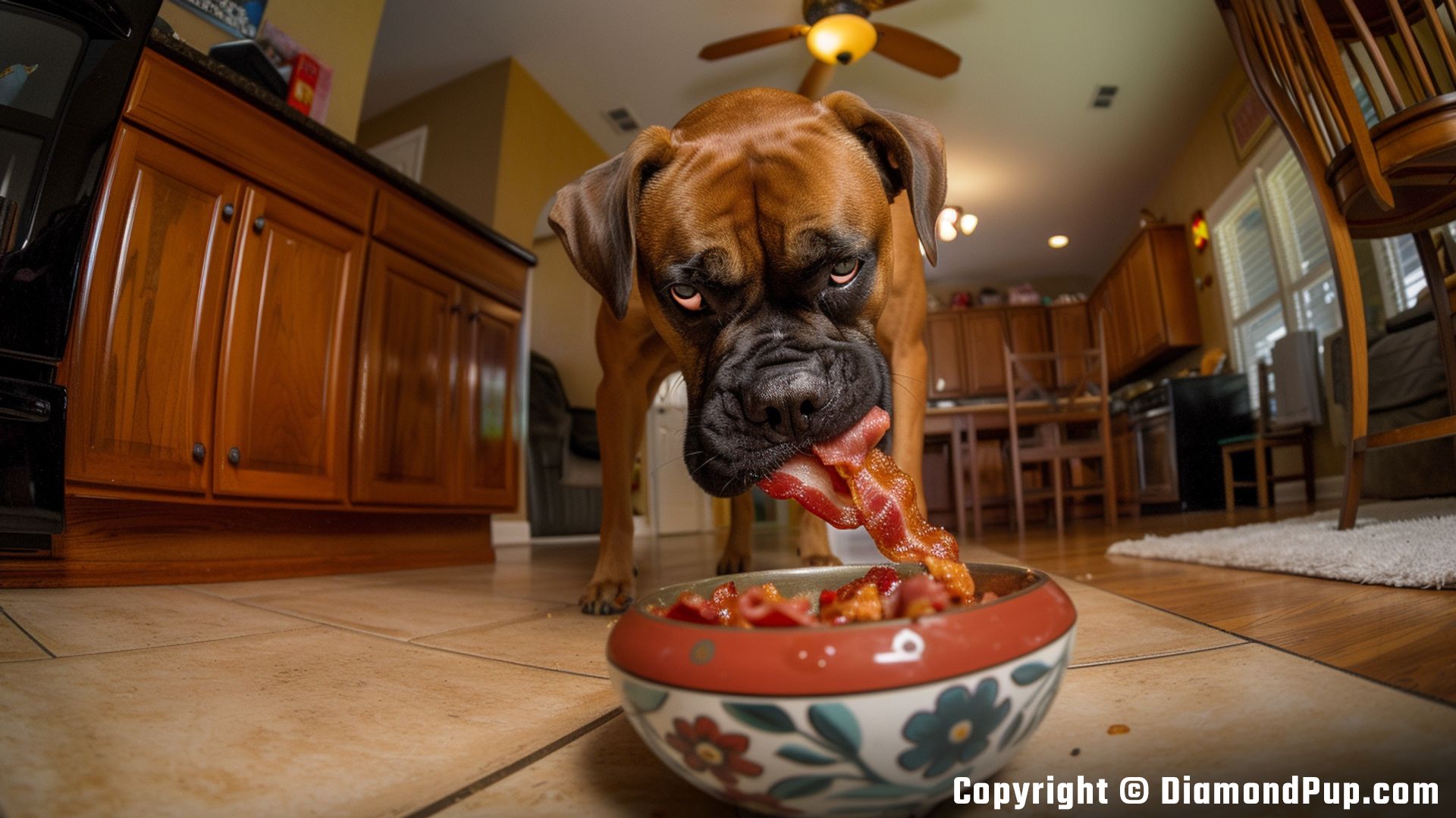 Picture of an Adorable Boxer Snacking on Bacon