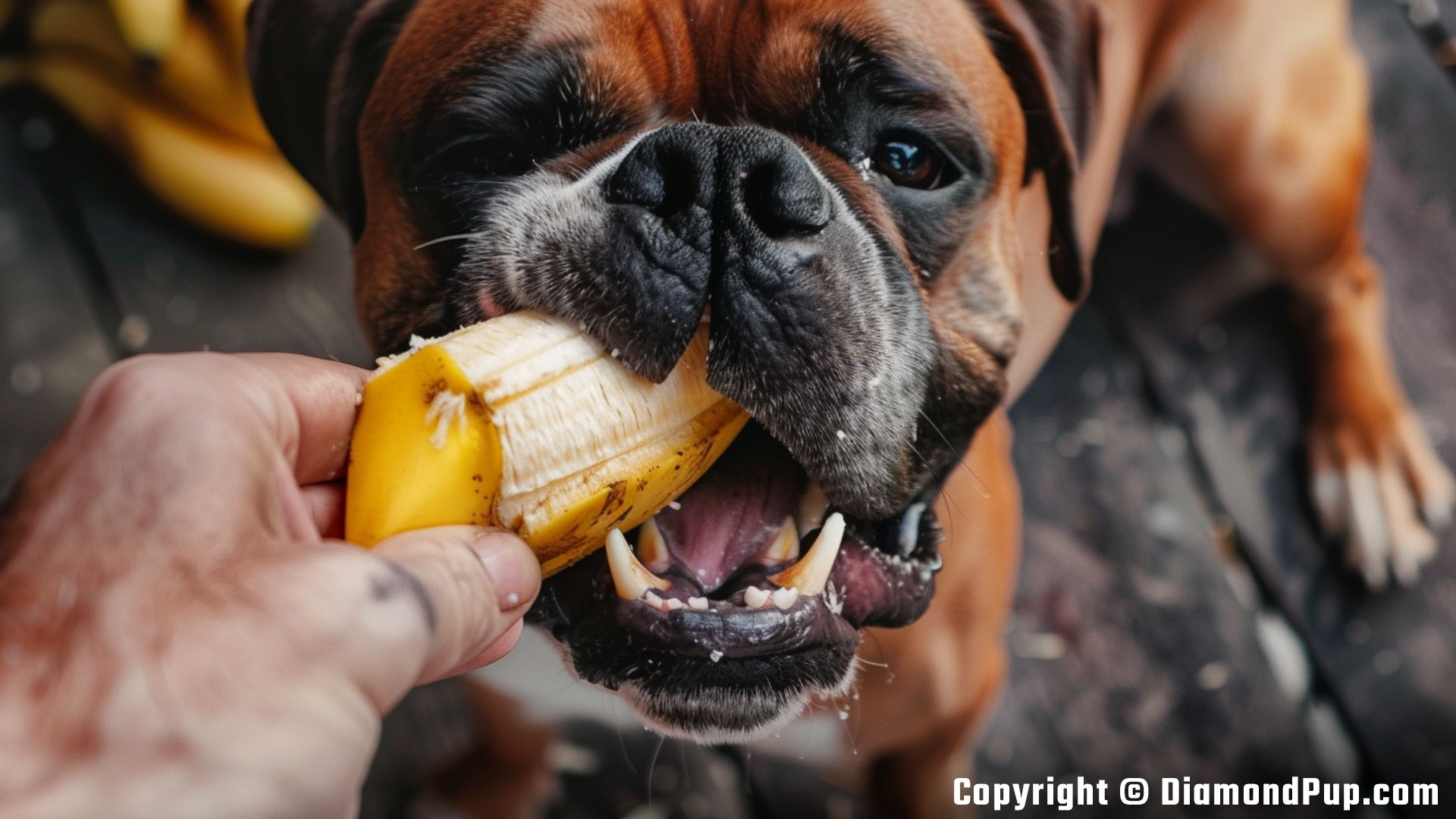 Picture of an Adorable Boxer Snacking on Banana