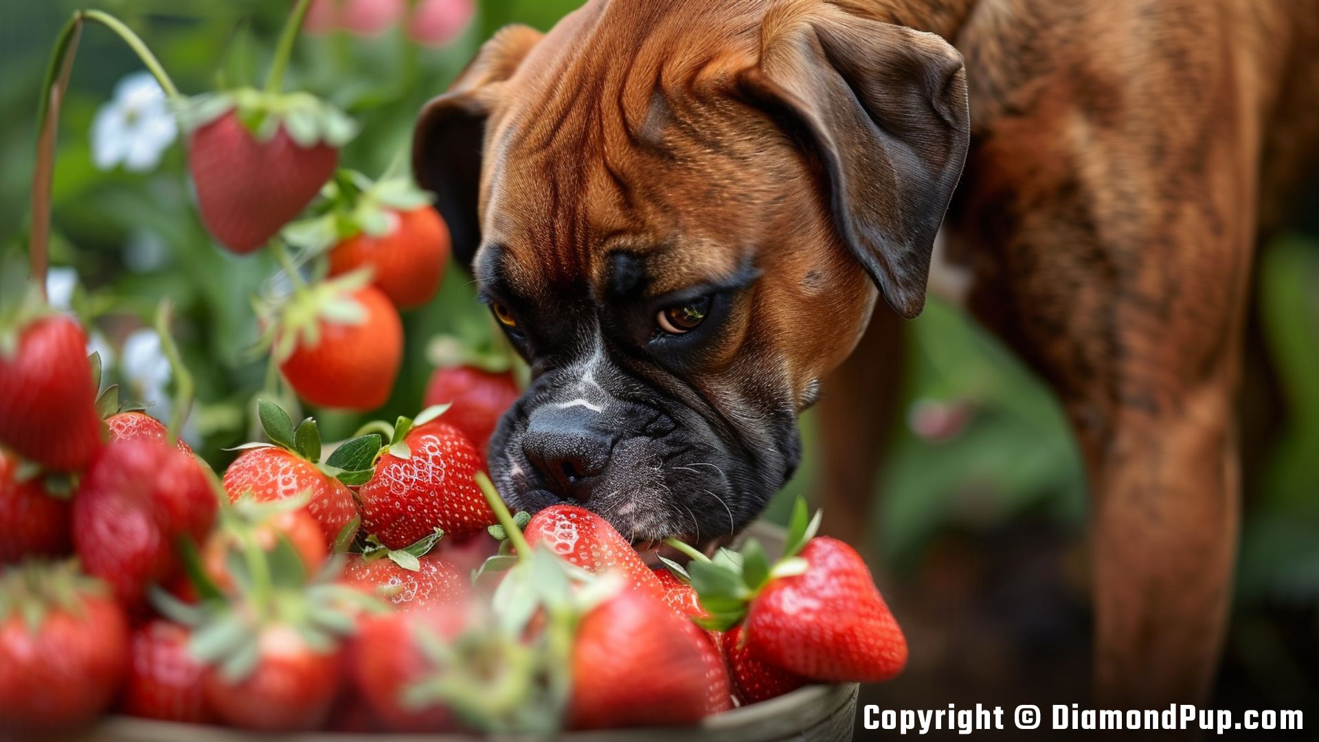 Picture of an Adorable Boxer Snacking on Strawberries