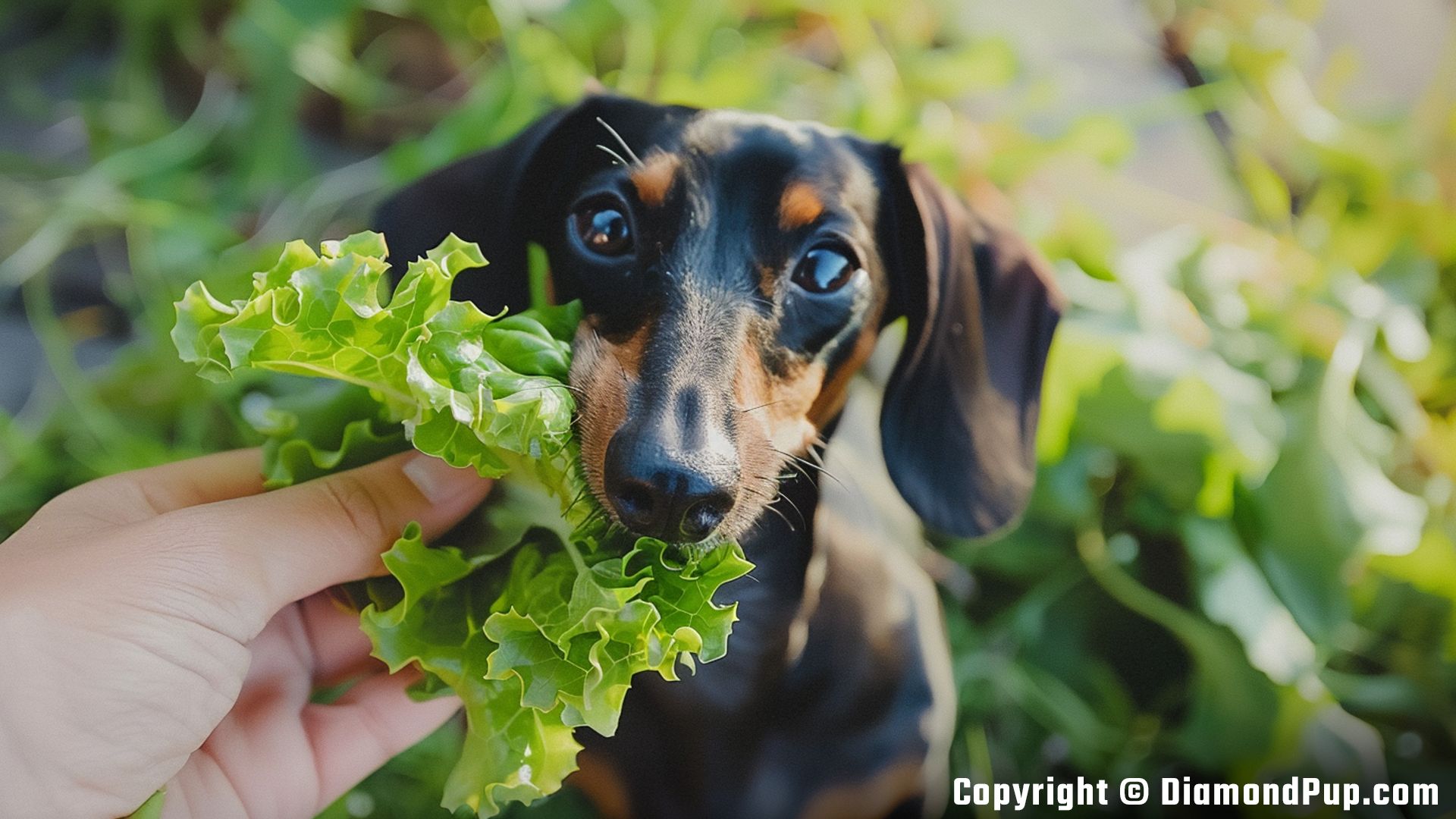 Picture of an Adorable Dachshund Eating Lettuce