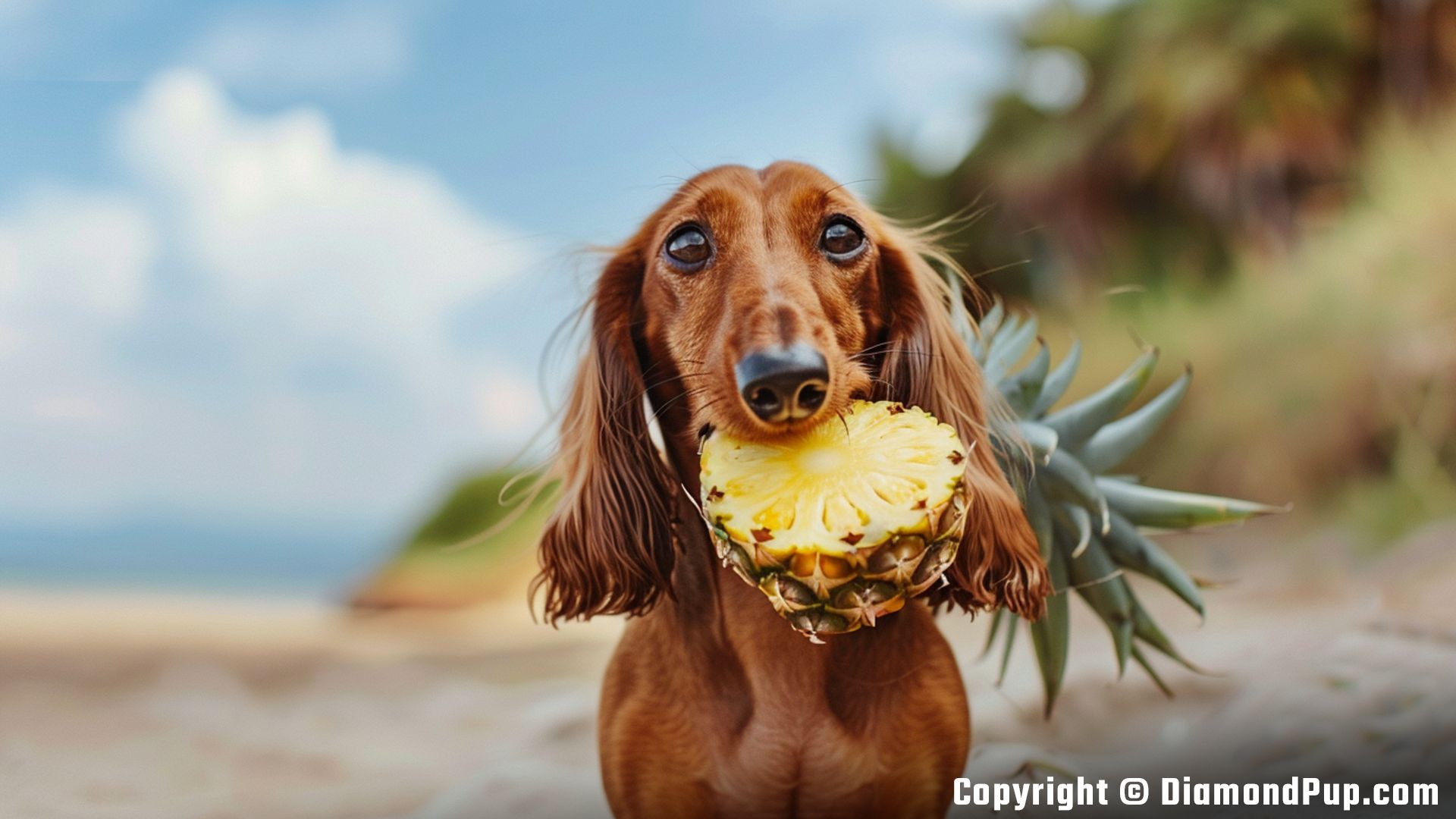Picture of an Adorable Dachshund Eating Pineapple