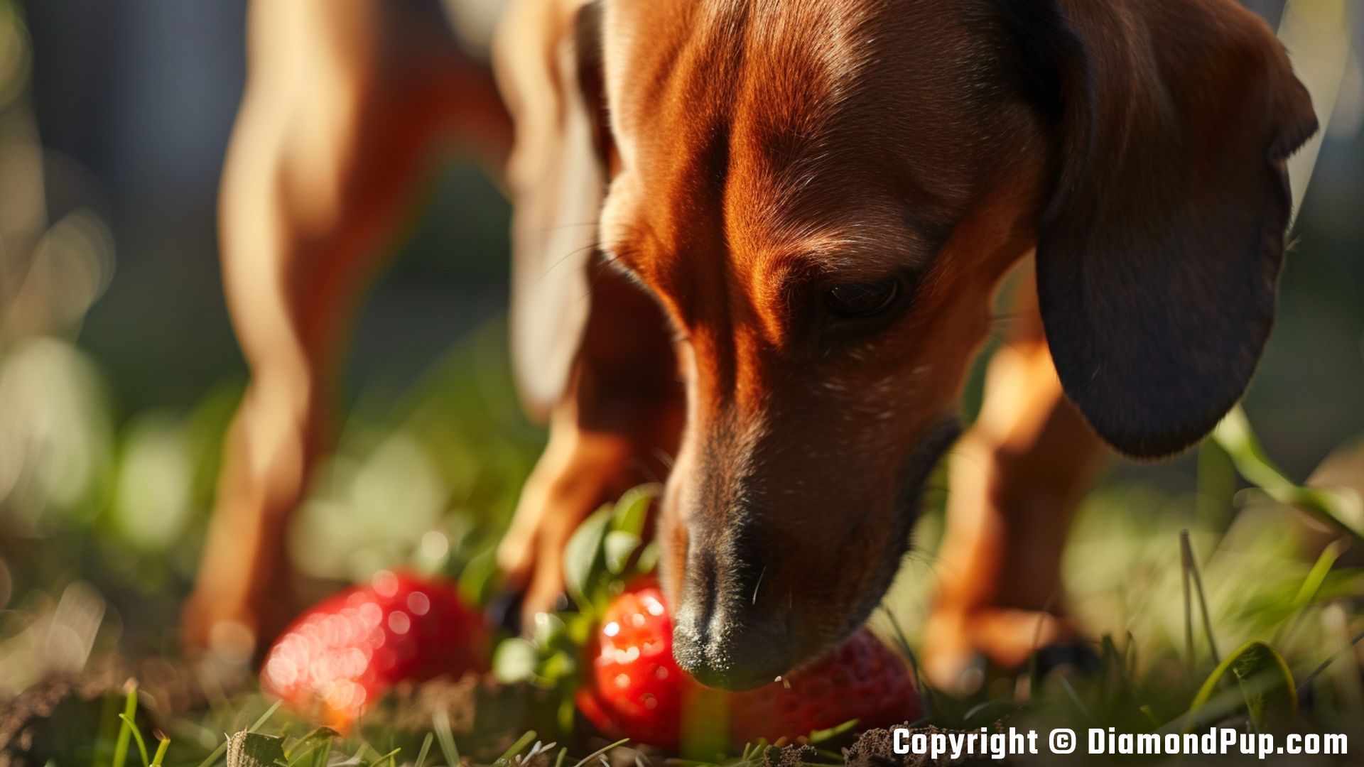 Picture of an Adorable Dachshund Snacking on Strawberries