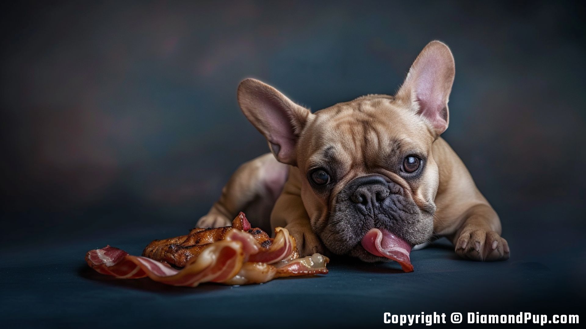 Picture of an Adorable French Bulldog Eating Bacon