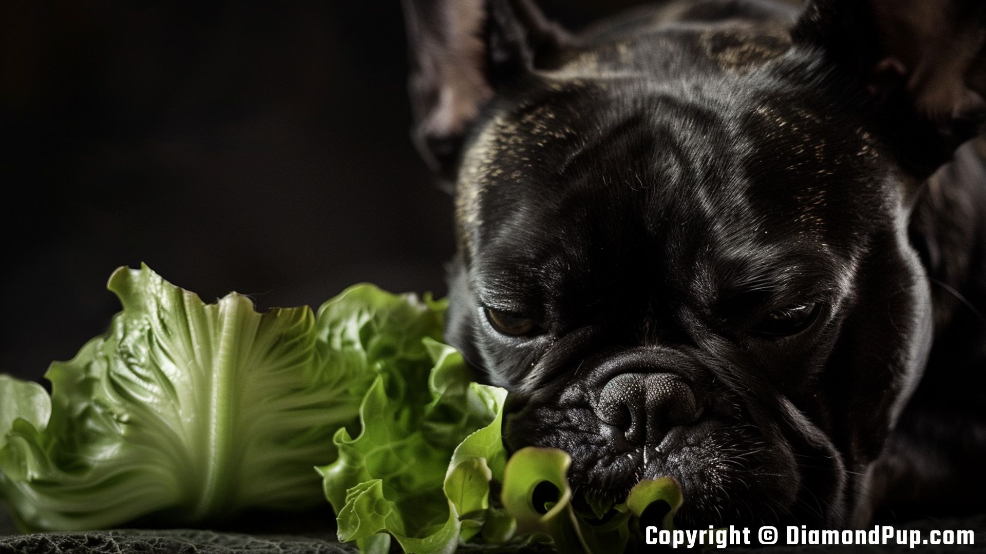 Picture of an Adorable French Bulldog Eating Lettuce