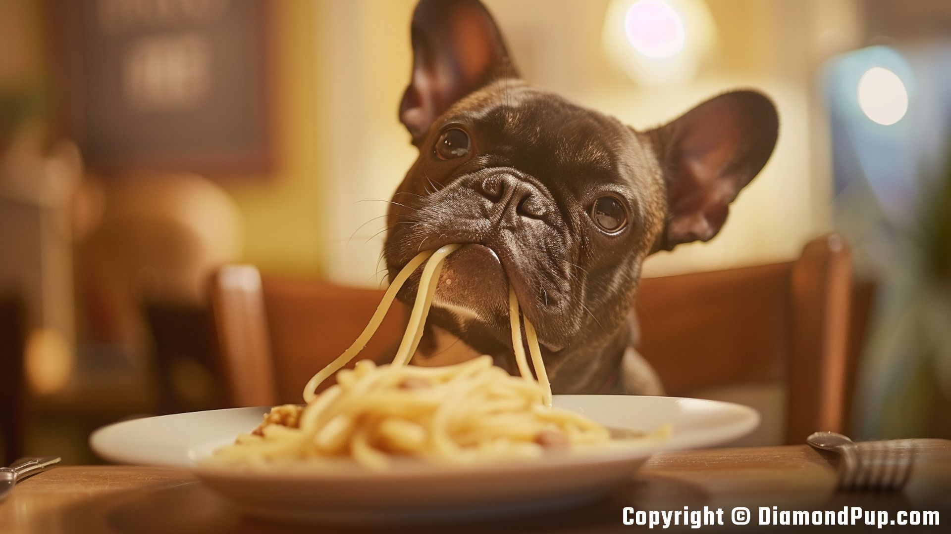 Picture of an Adorable French Bulldog Eating Pasta