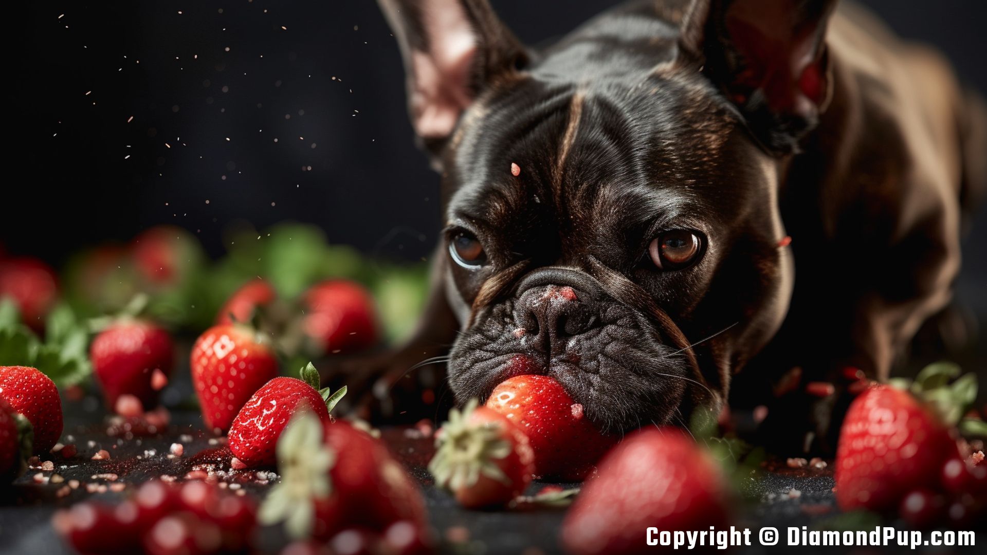 Picture of an Adorable French Bulldog Eating Strawberries