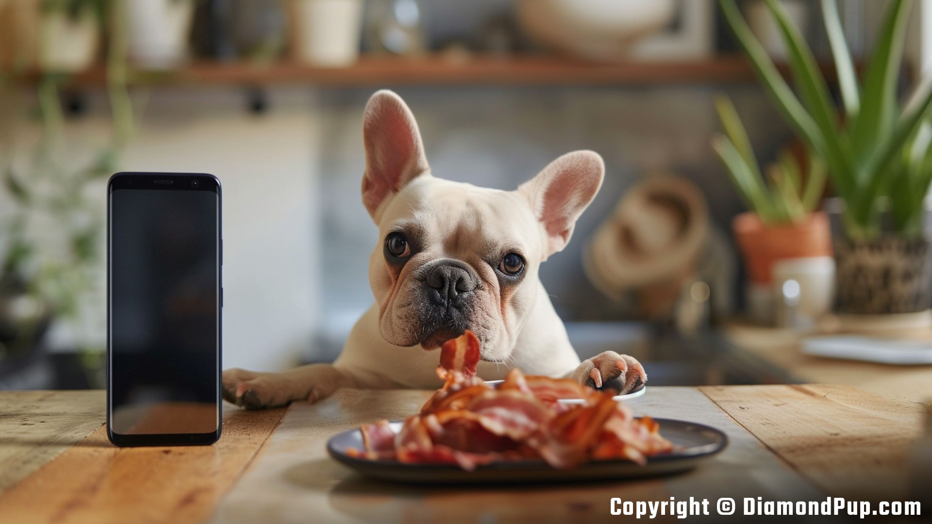 Picture of an Adorable French Bulldog Snacking on Bacon
