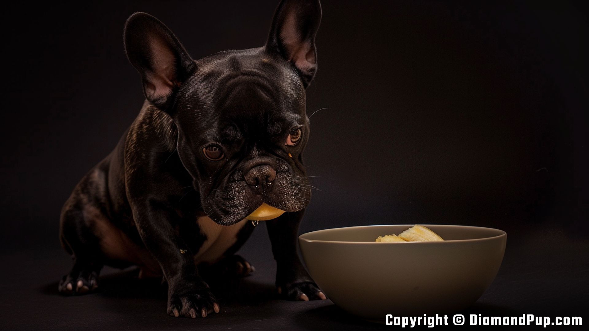 Picture of an Adorable French Bulldog Snacking on Banana