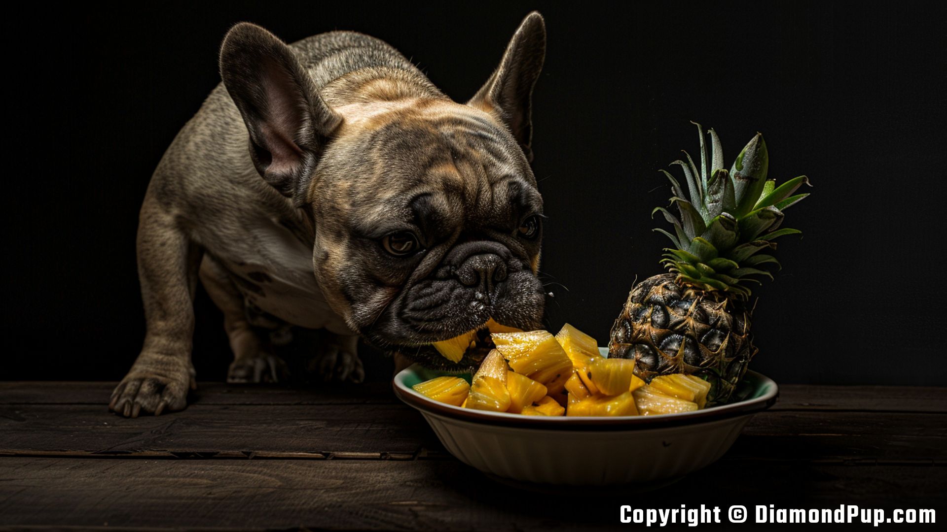 Picture of an Adorable French Bulldog Snacking on Pineapple