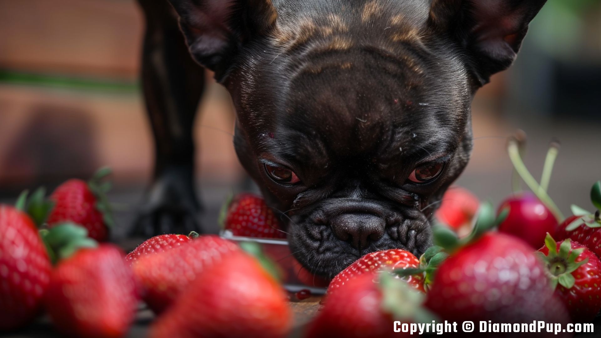 Picture of an Adorable French Bulldog Snacking on Strawberries