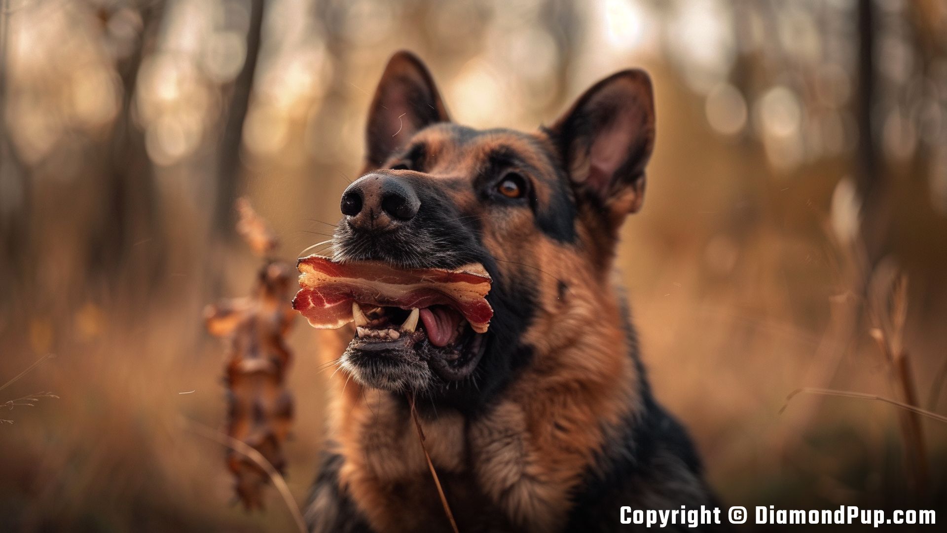 Picture of an Adorable German Shepherd Eating Bacon