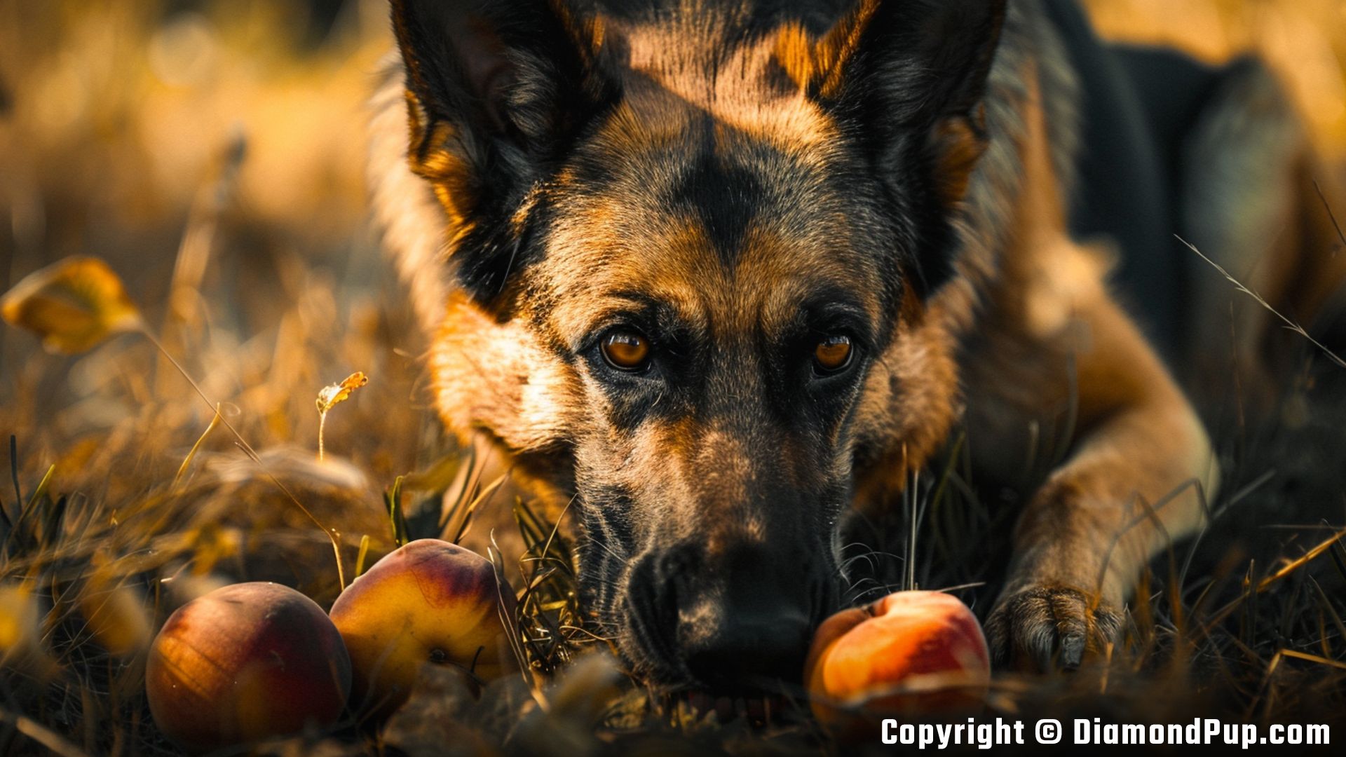 Picture of an Adorable German Shepherd Eating Peaches