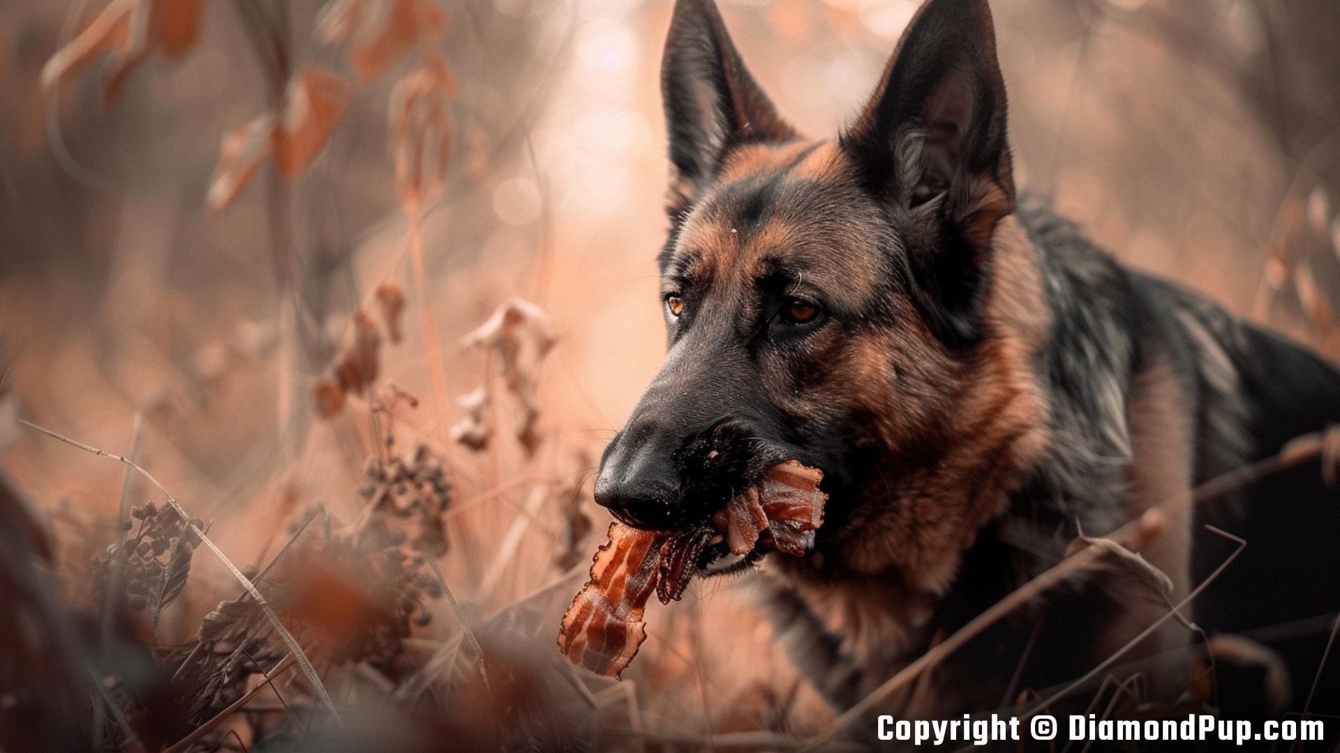 Picture of an Adorable German Shepherd Snacking on Bacon