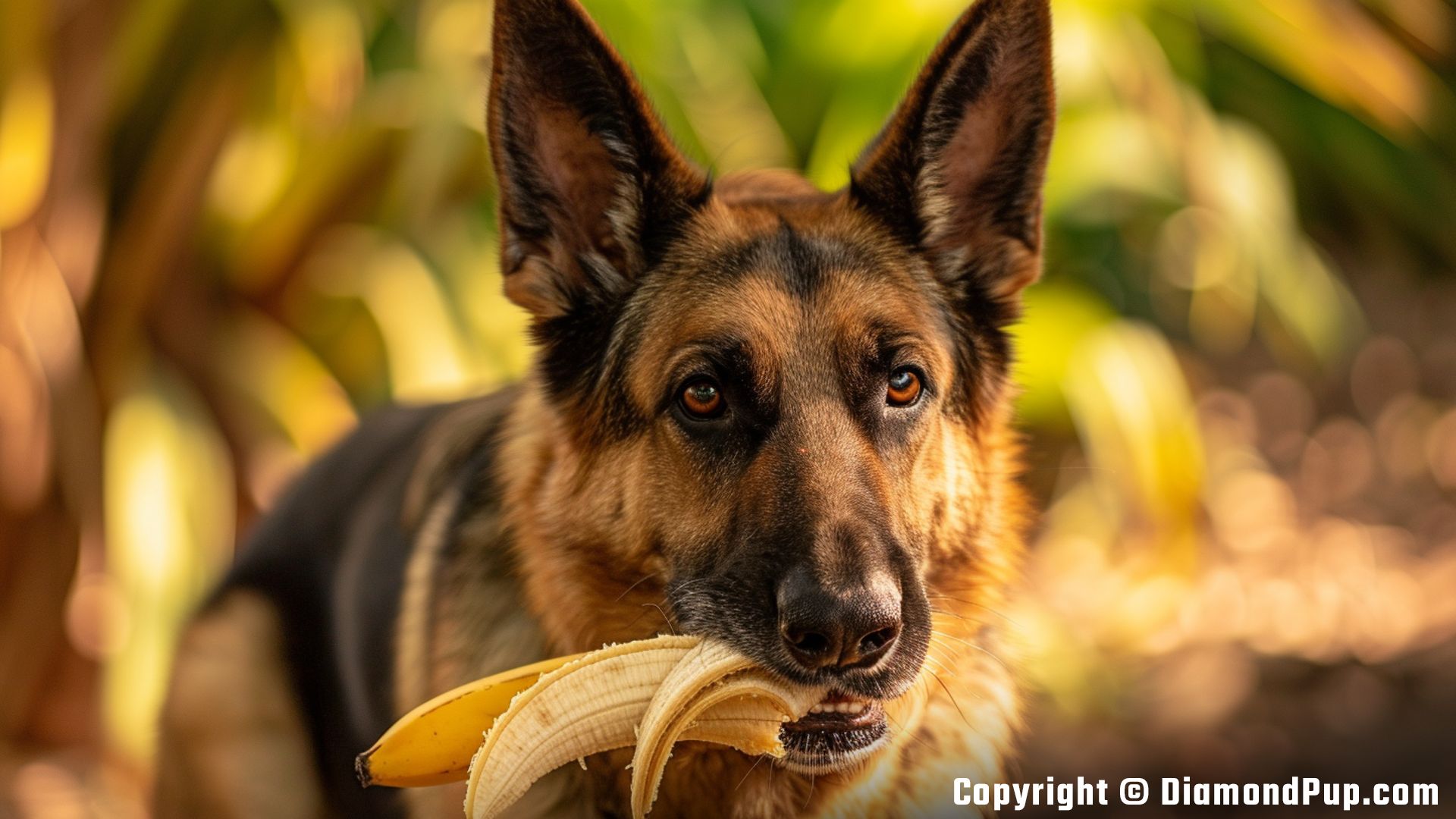 Picture of an Adorable German Shepherd Snacking on Banana