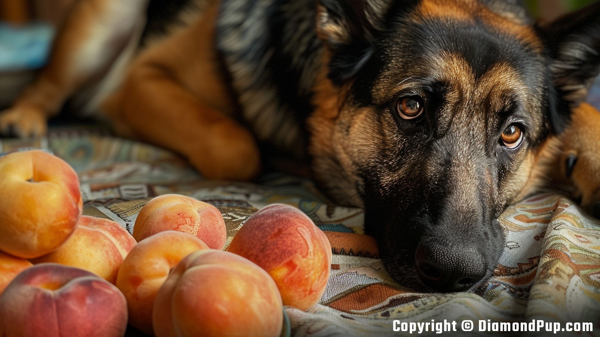 Picture of an Adorable German Shepherd Snacking on Peaches