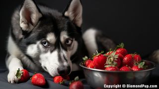 Picture of an Adorable Husky Eating Strawberries