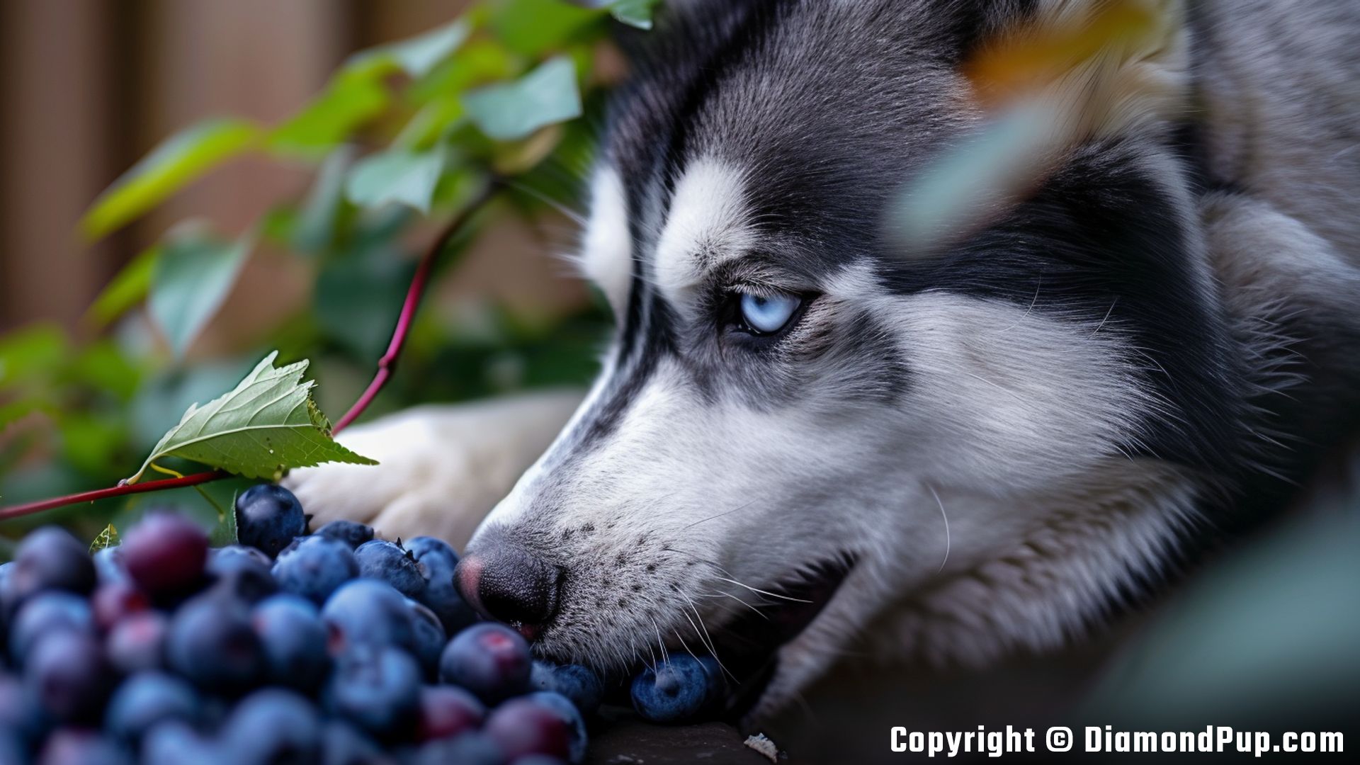 Picture of an Adorable Husky Snacking on Blueberries