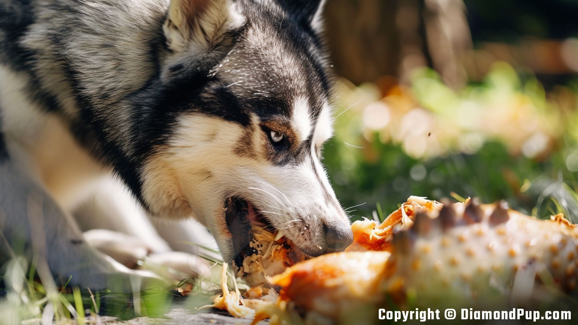 Picture of an Adorable Husky Snacking on Chicken