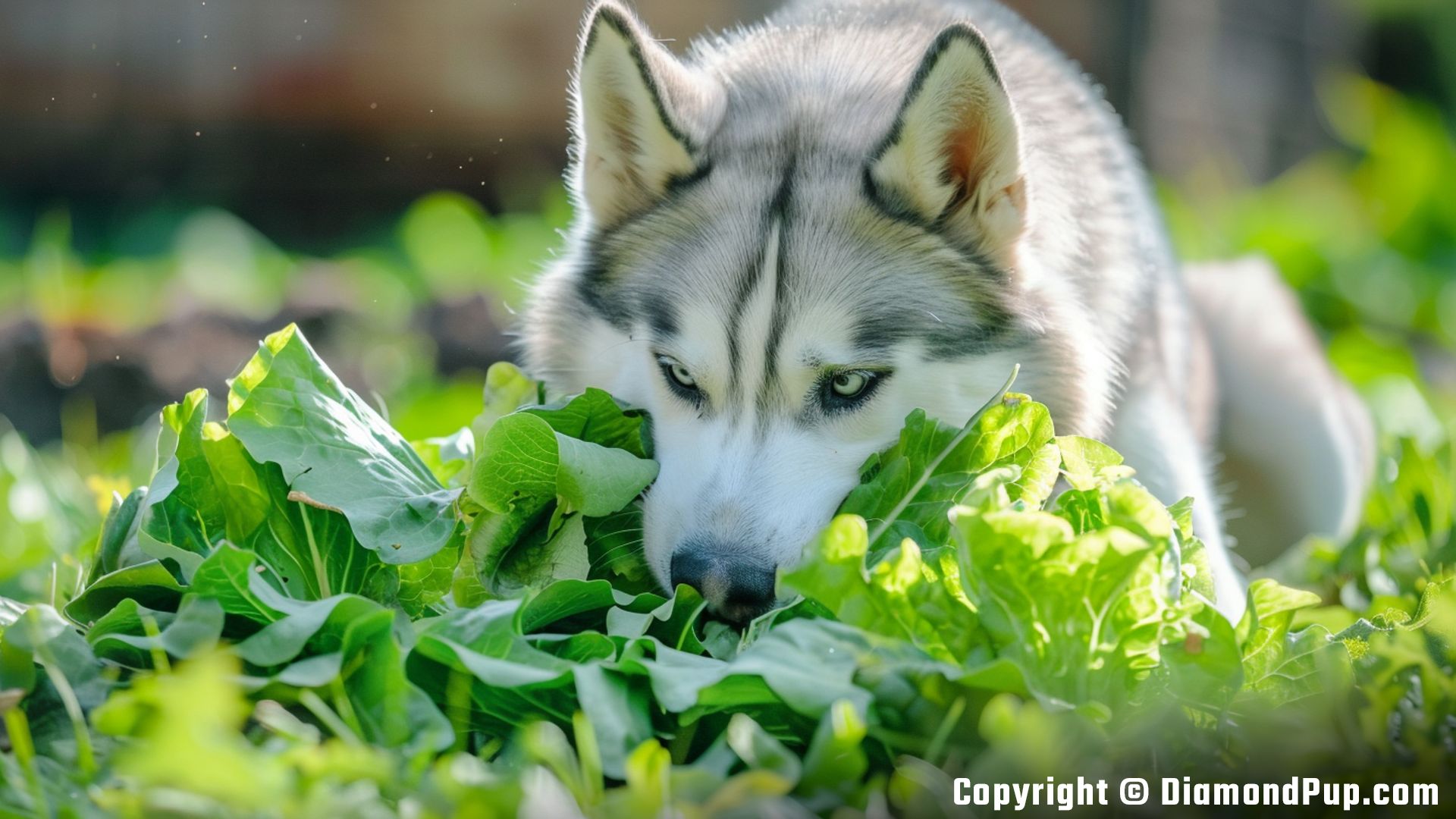 Picture of an Adorable Husky Snacking on Lettuce