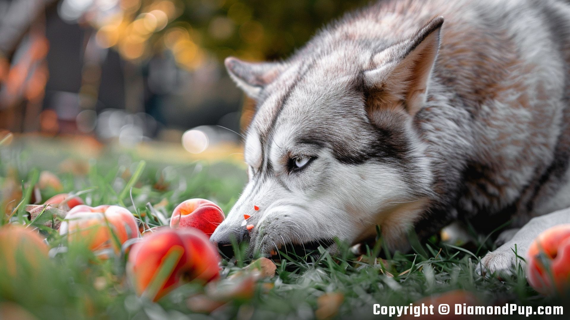 Picture of an Adorable Husky Snacking on Peaches