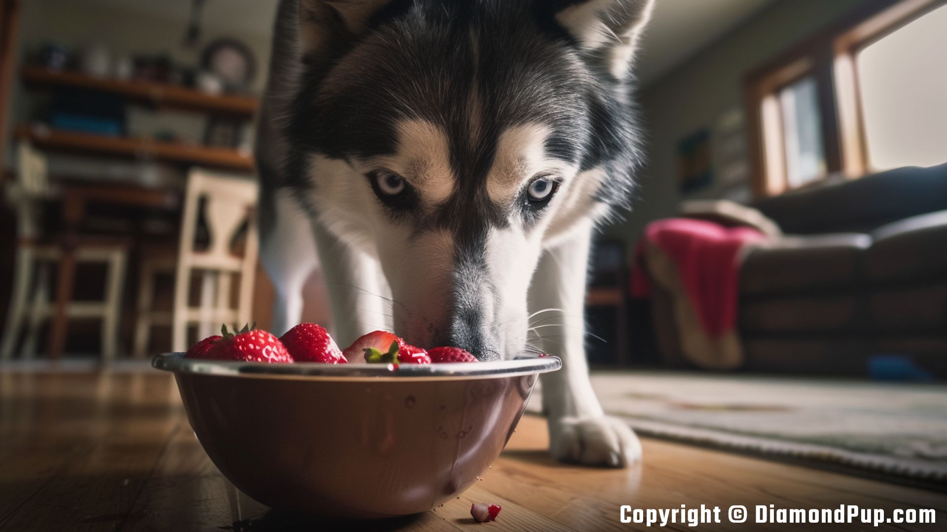 Picture of an Adorable Husky Snacking on Strawberries